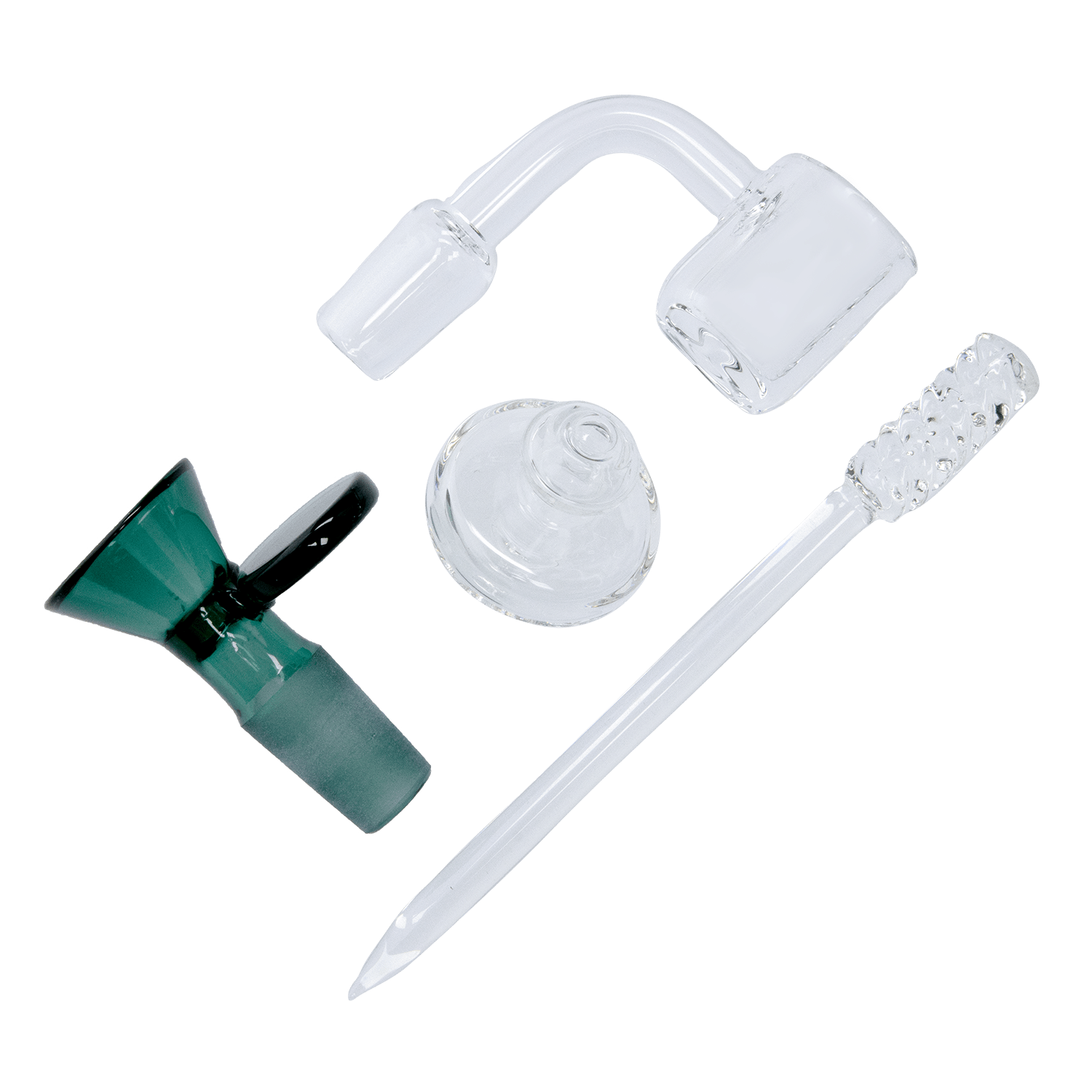 A close-up, angled view showcases the components of the Parasol Dab Rig, featuring clear glass and a long, slender tip.