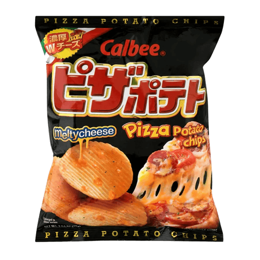 A front view of Calbee Pizza Chips packaging with Japanese text and a colorful logo against a white background.