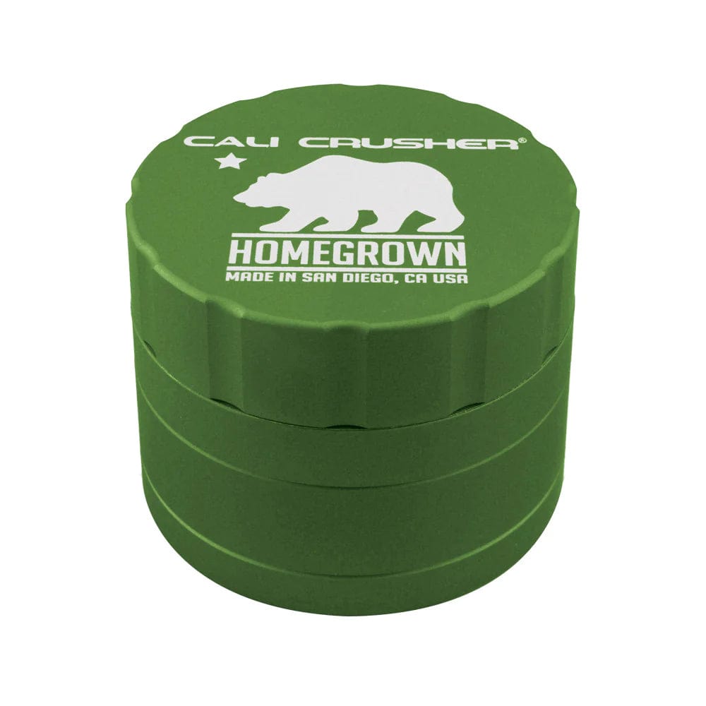 Front view of the Cali Crusher Homegrown Grinder 4pc, featuring a silver, four-piece design against a plain white backdrop.