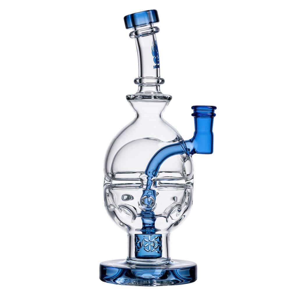Front view of the FAB EGG Incycler Rig, a clear glass water pipe with a unique, rounded design and visible internal filtration.