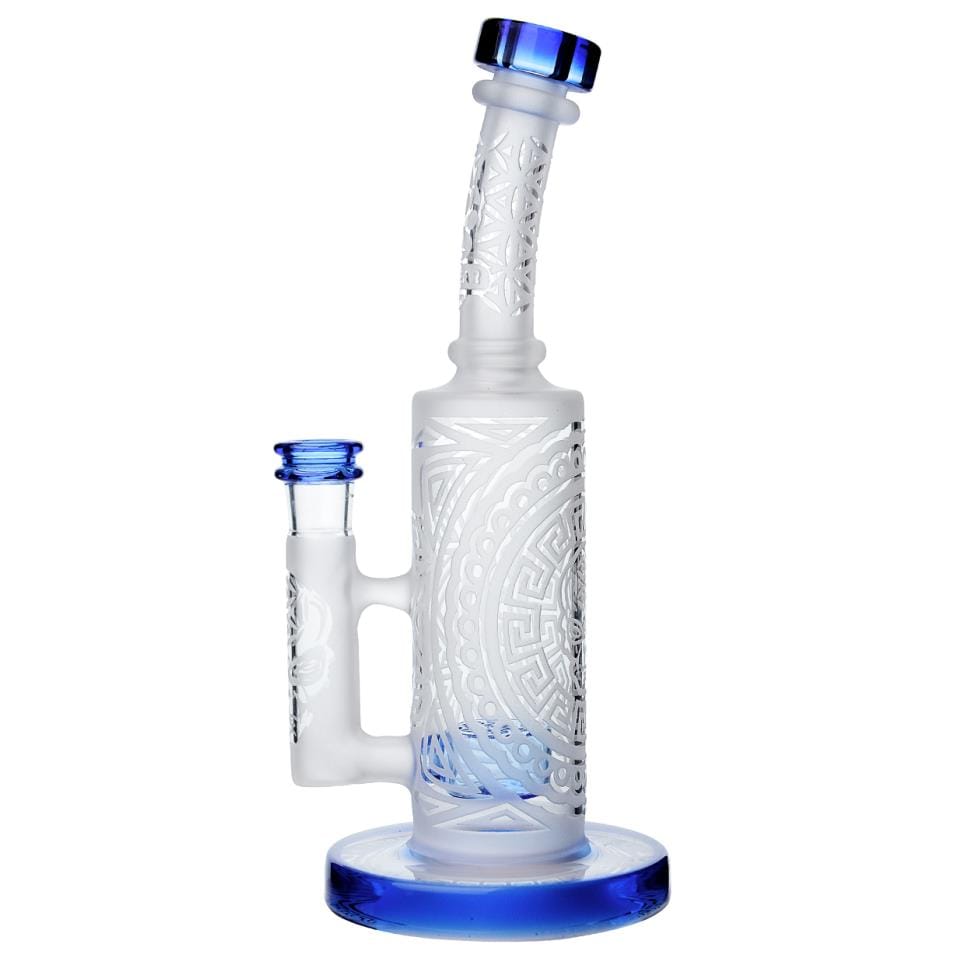 Front view of the SANDBLASTED MINI STRAIGHT CAN, featuring a blue accent on clear glass with a sandblasted design.