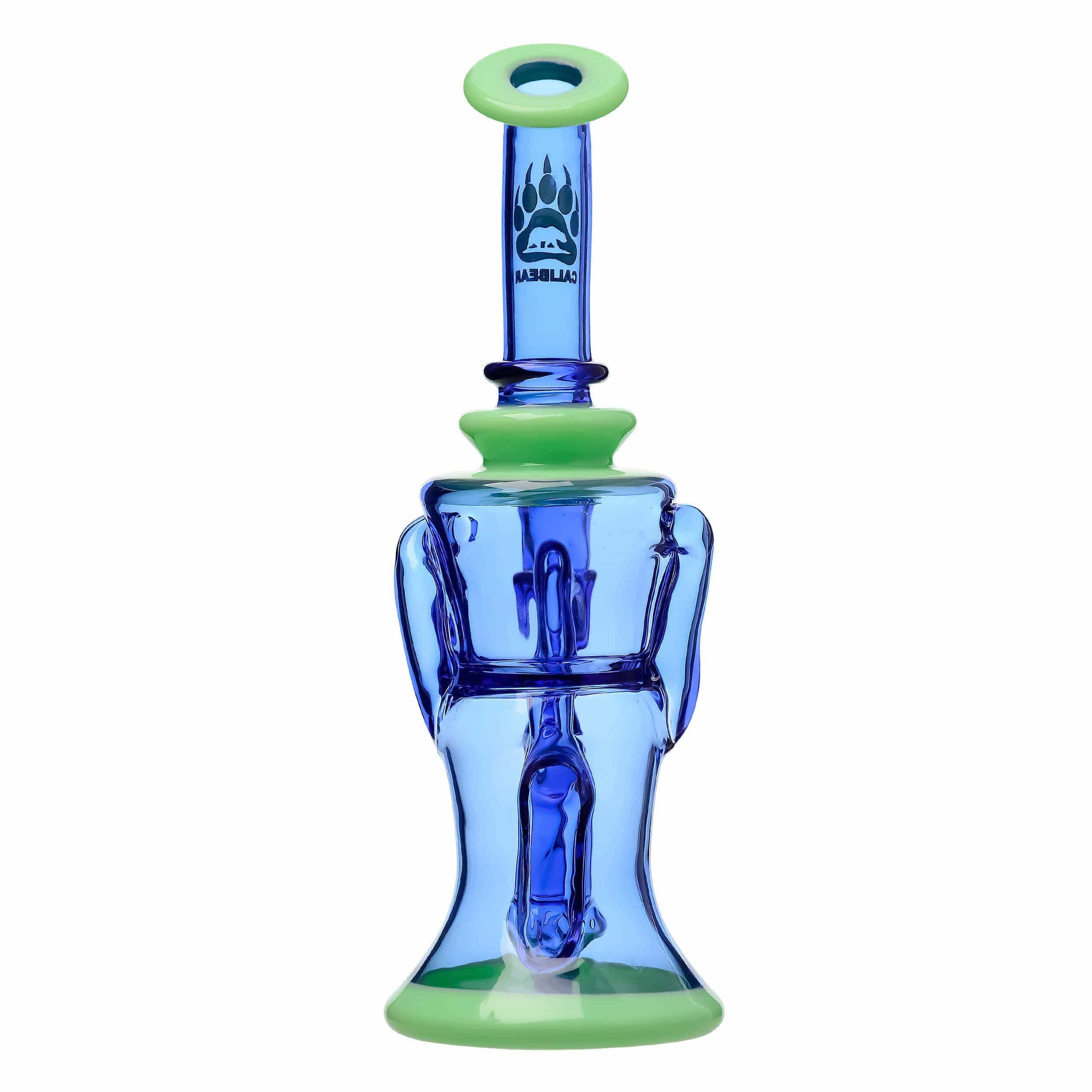 A studio shot of the COLORED OPAL SHOWERHEAD RECYCLER with a vibrant blue glass body and intricate recycler design.