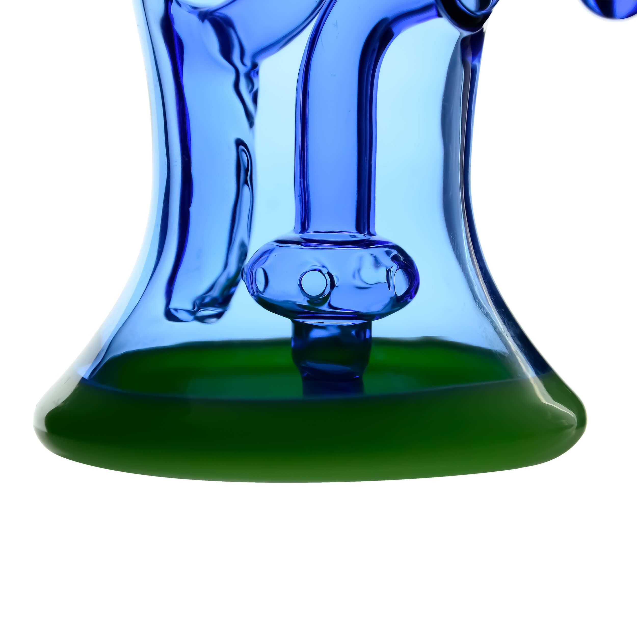 A close-up, angled view of the COLORED OPAL SHOWERHEAD RECYCLER, showcasing its blue glass base and unique recycler design.