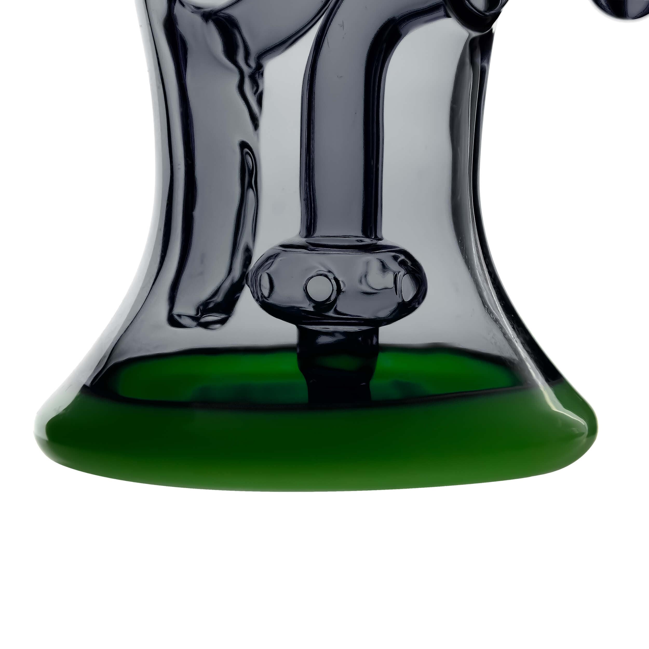 A close-up, angled view of the COLORED OPAL SHOWERHEAD RECYCLER with a green base and clear glass construction.