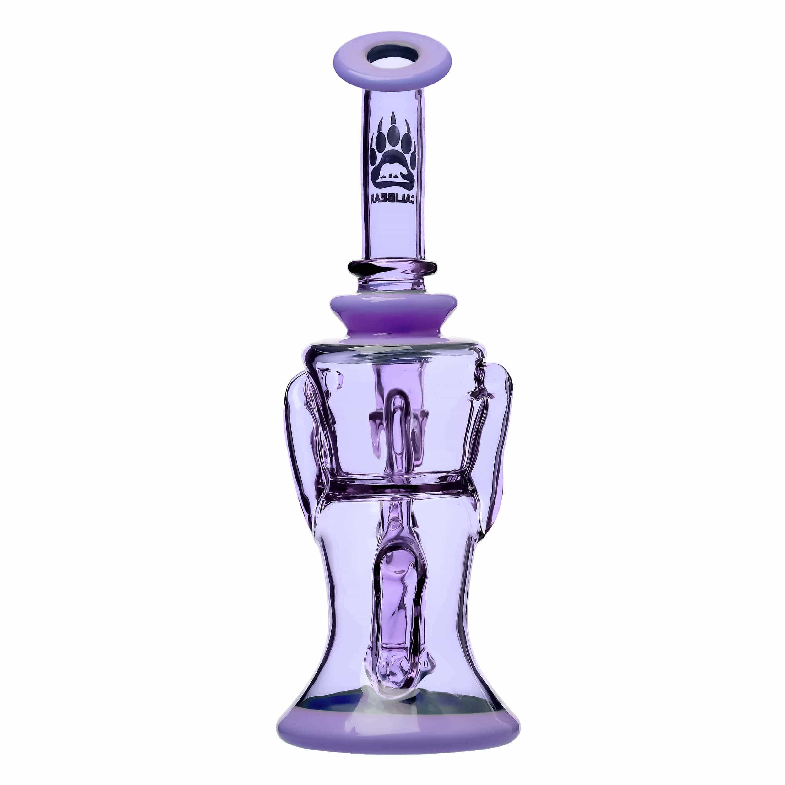 A studio shot of the COLORED OPAL SHOWERHEAD RECYCLER, featuring a uniquely shaped glass piece with a colorful opal sheen.