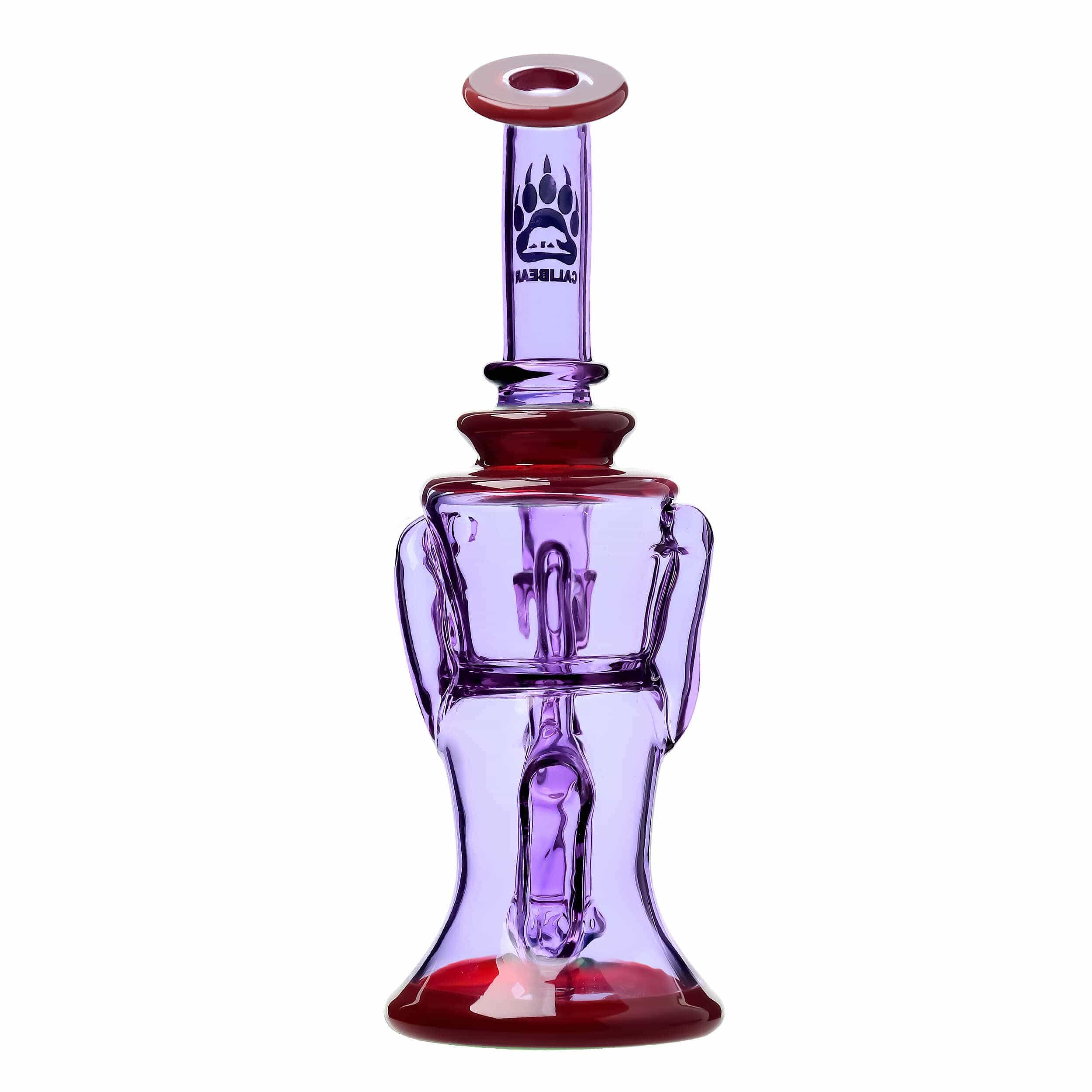 A studio shot of the COLORED OPAL SHOWERHEAD RECYCLER, showing its intricate glasswork and unique recycler design from a slightly elevated angle.