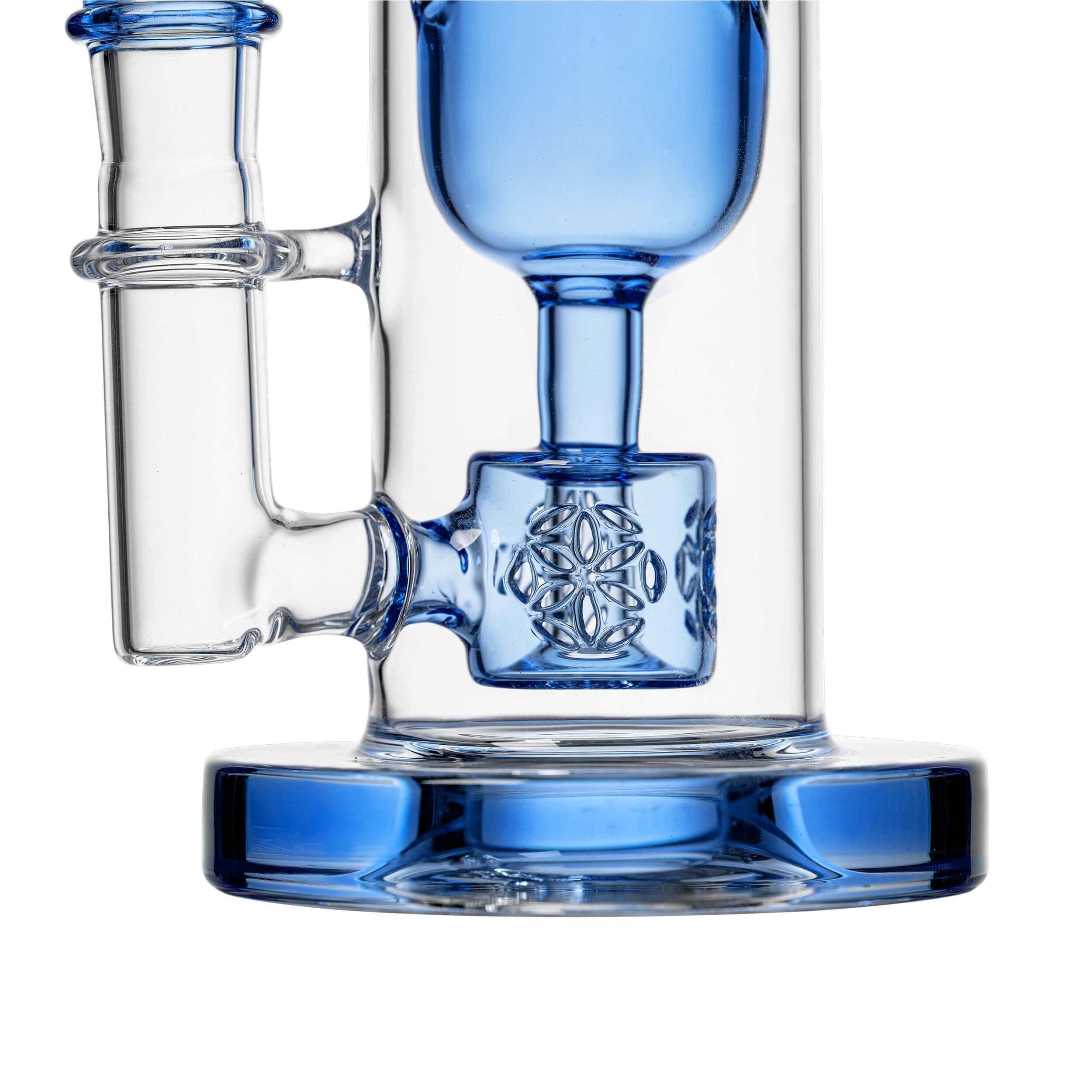 Front view of the COLORED TORUS, a blue glass piece with a unique torus-shaped body and simple cylindrical neck.