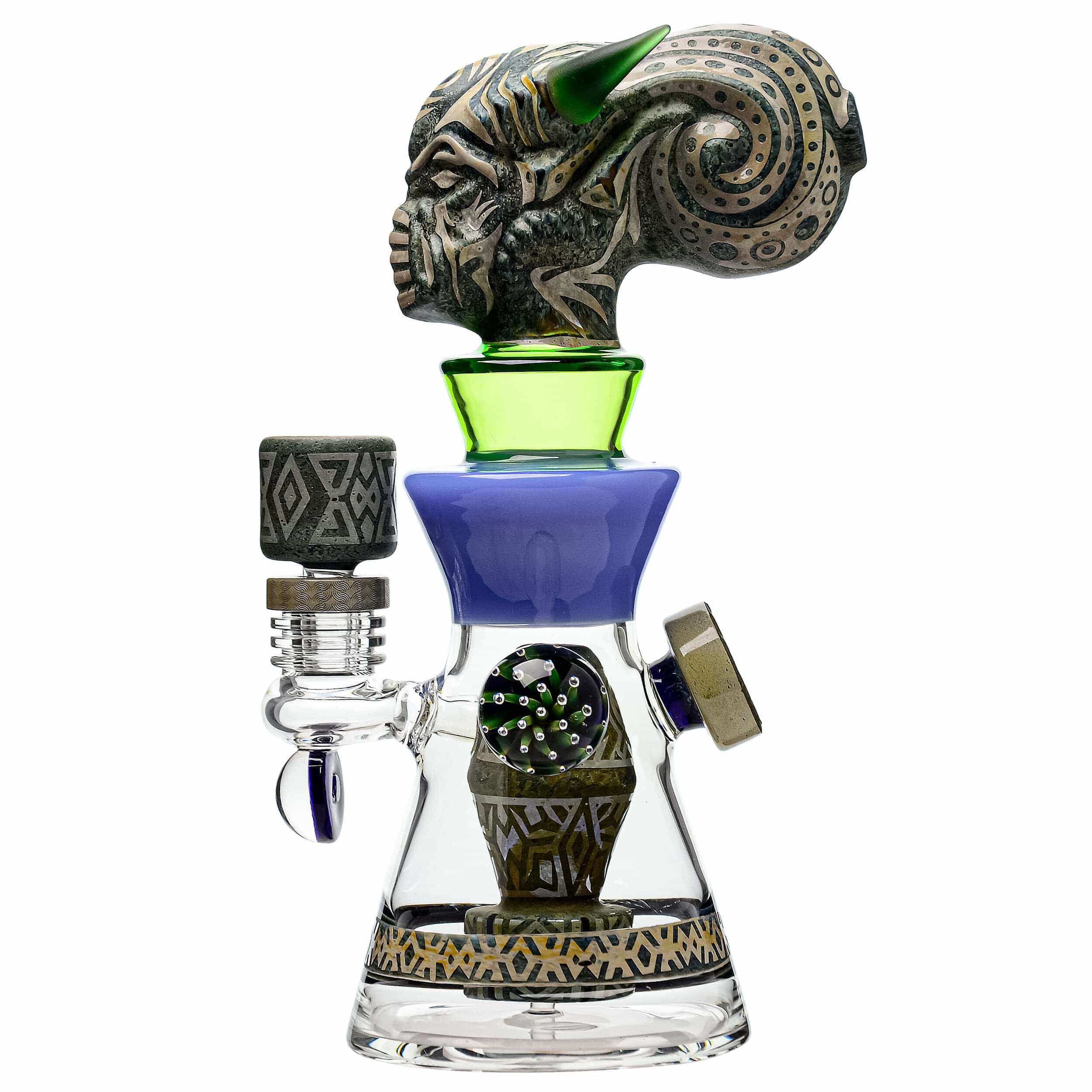 A three-quarter view of the ETCH DAB RIG V2| featuring a sculpted glass design with blue accents and a textured mouthpiece.