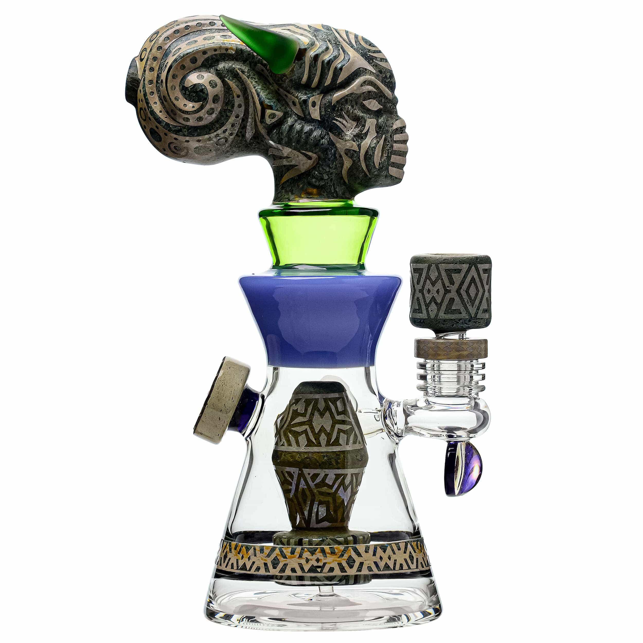 Front view of the ETCH DAB RIG V2| a dark glass rig with etched details and a green accent, set against a plain white background.