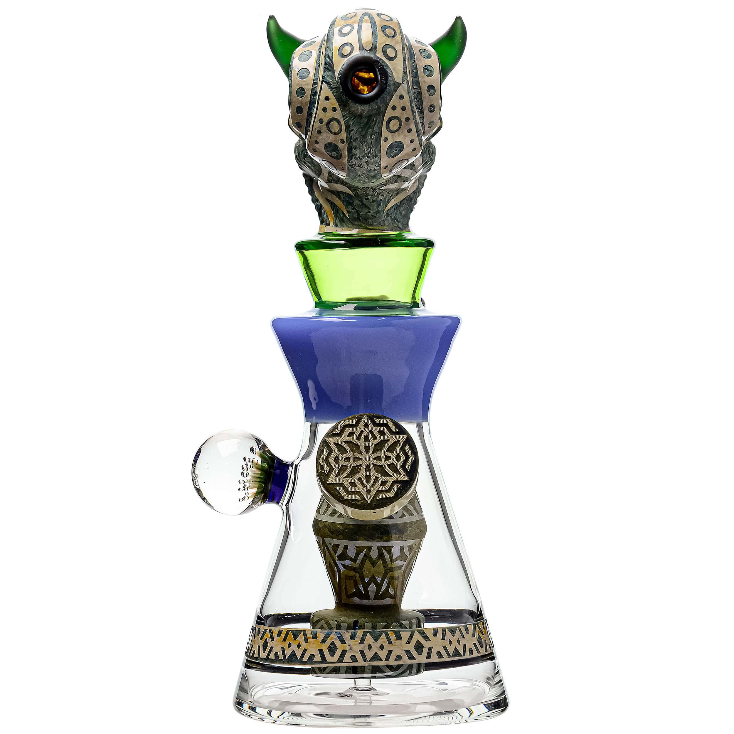 Front view of the ETCH DAB RIG V2| a clear glass rig with etched details and a green accent, presented against a plain white background.