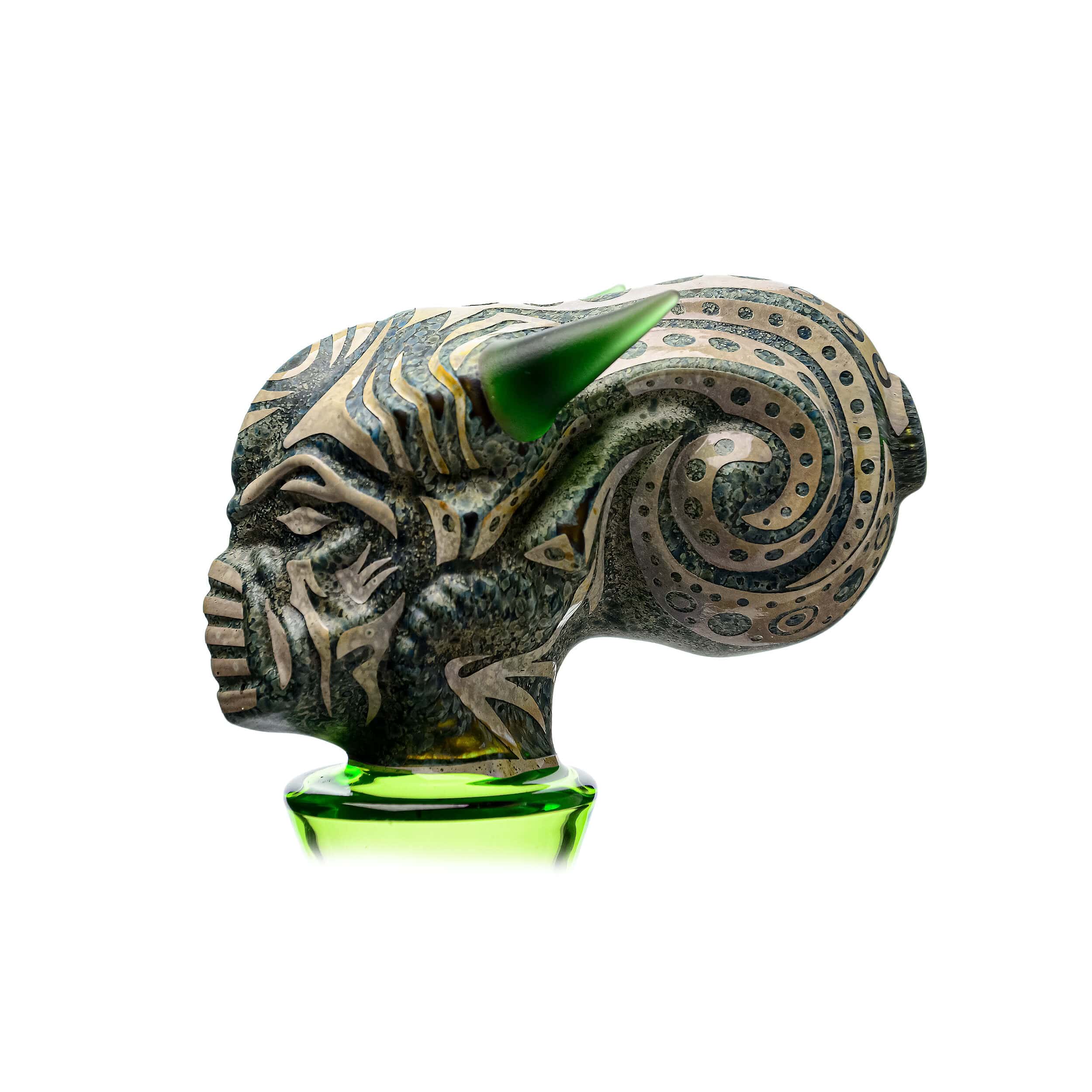 Front view of the ETCH DAB RIG V2| a detailed glass rig with etched patterns, against a neutral background.