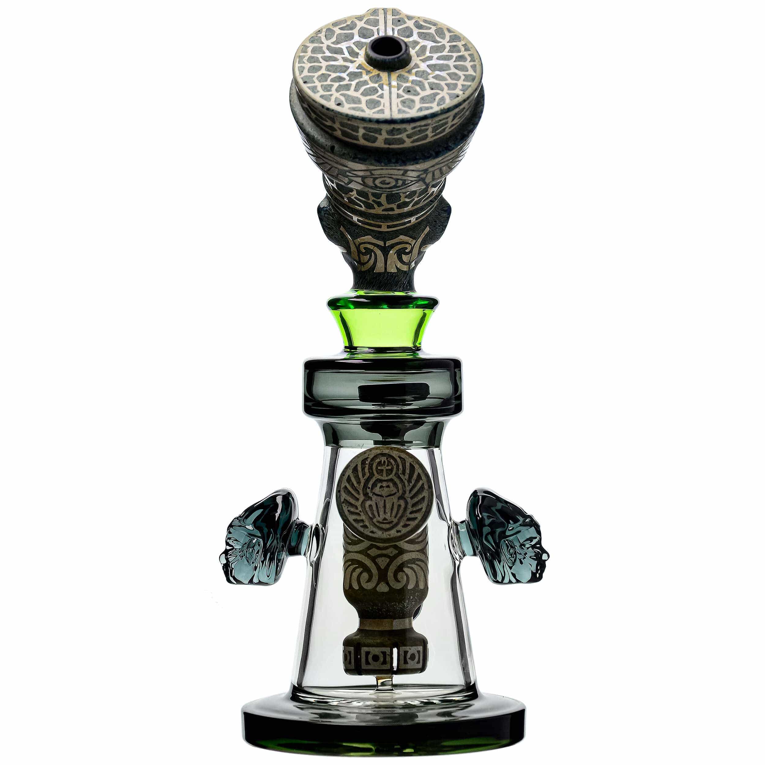 Front view of the ETCH DAB RIG-V4| a clear glass dab rig with etched details and a rounded base.