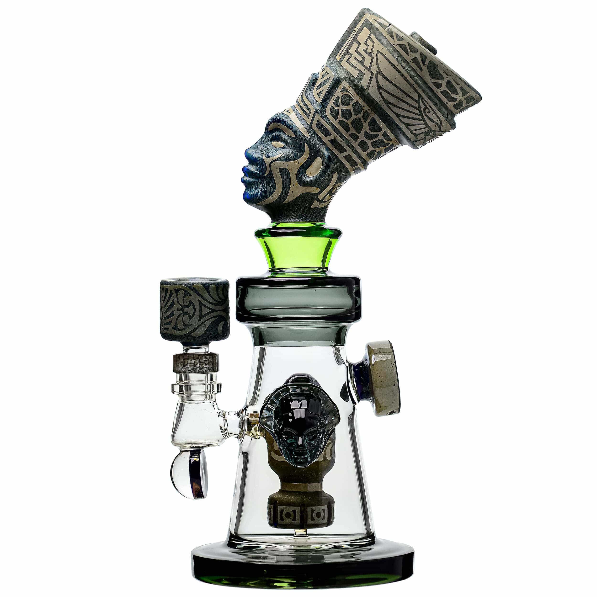 Front view of the ETCH DAB RIG-V4| a dark glass rig with an intricately sculpted head-shaped centerpiece.