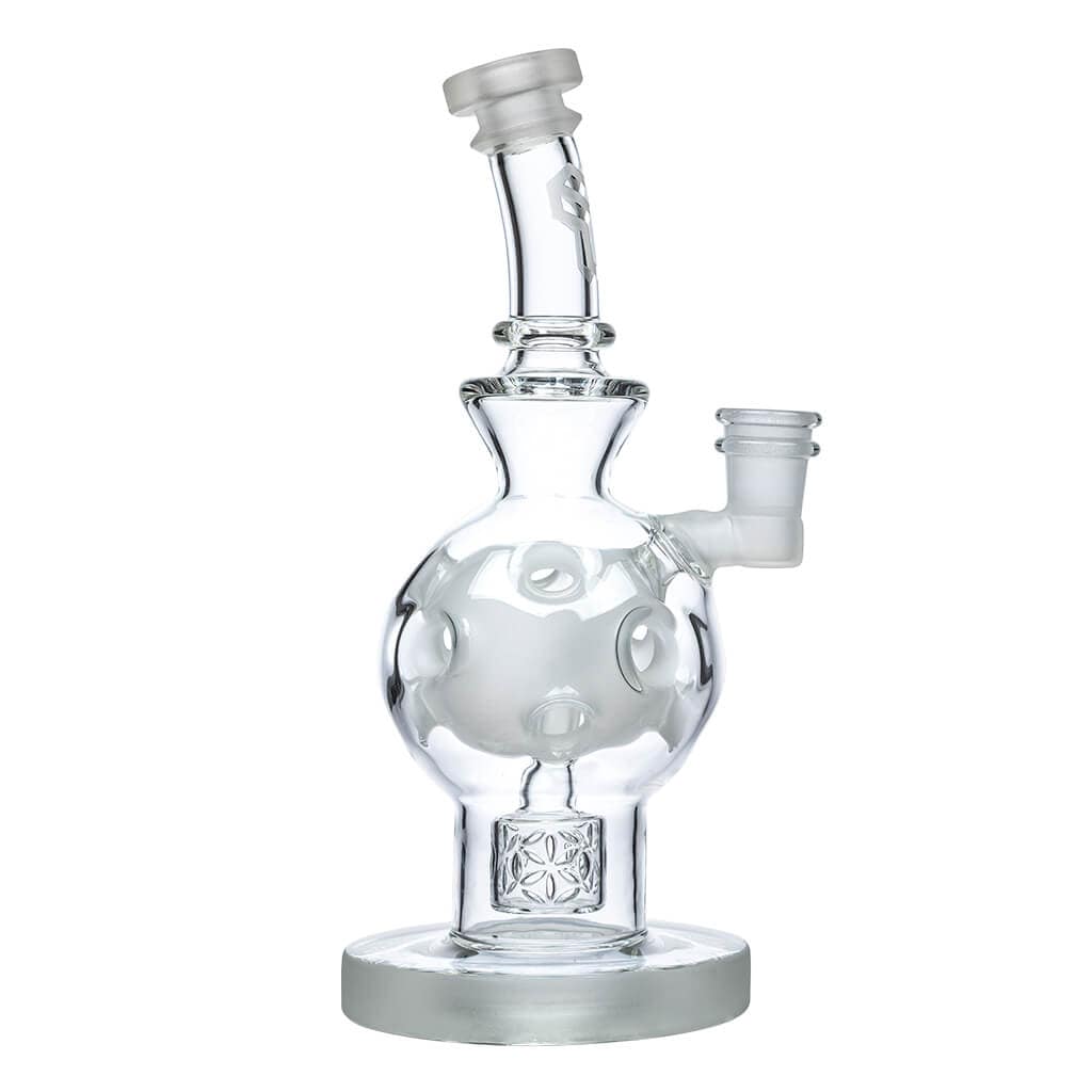 EXOSPHERE bong displayed in a clean, angled studio shot highlighting its clear glass construction.