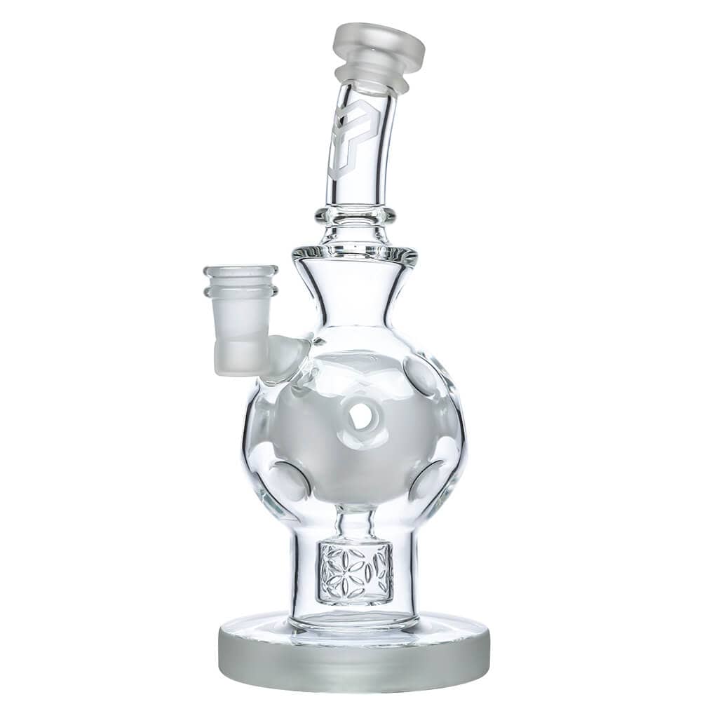 The EXOSPHERE features a front view of a clear glass water pipe with a rounded base and slender neck.
