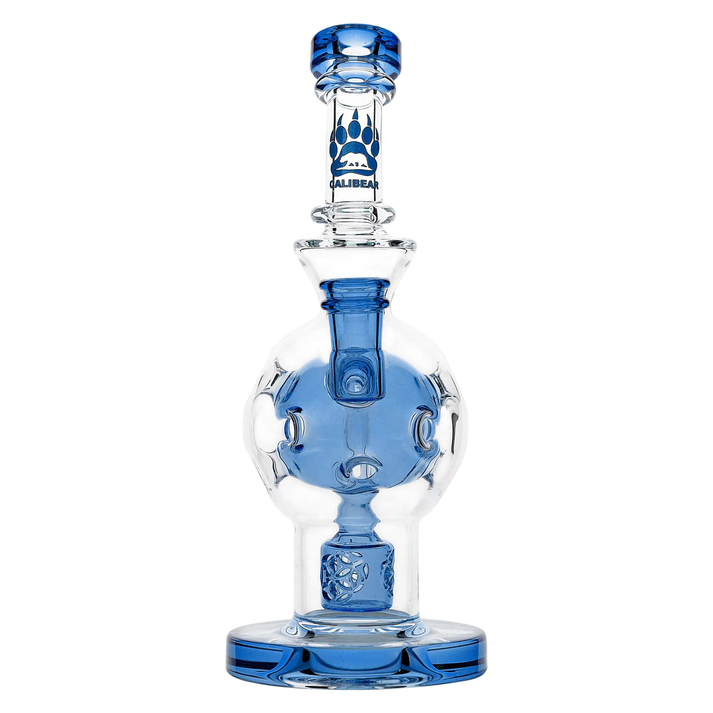 Front view of the EXOSPHERE, a blue glass water pipe with a rounded base and a slender neck.