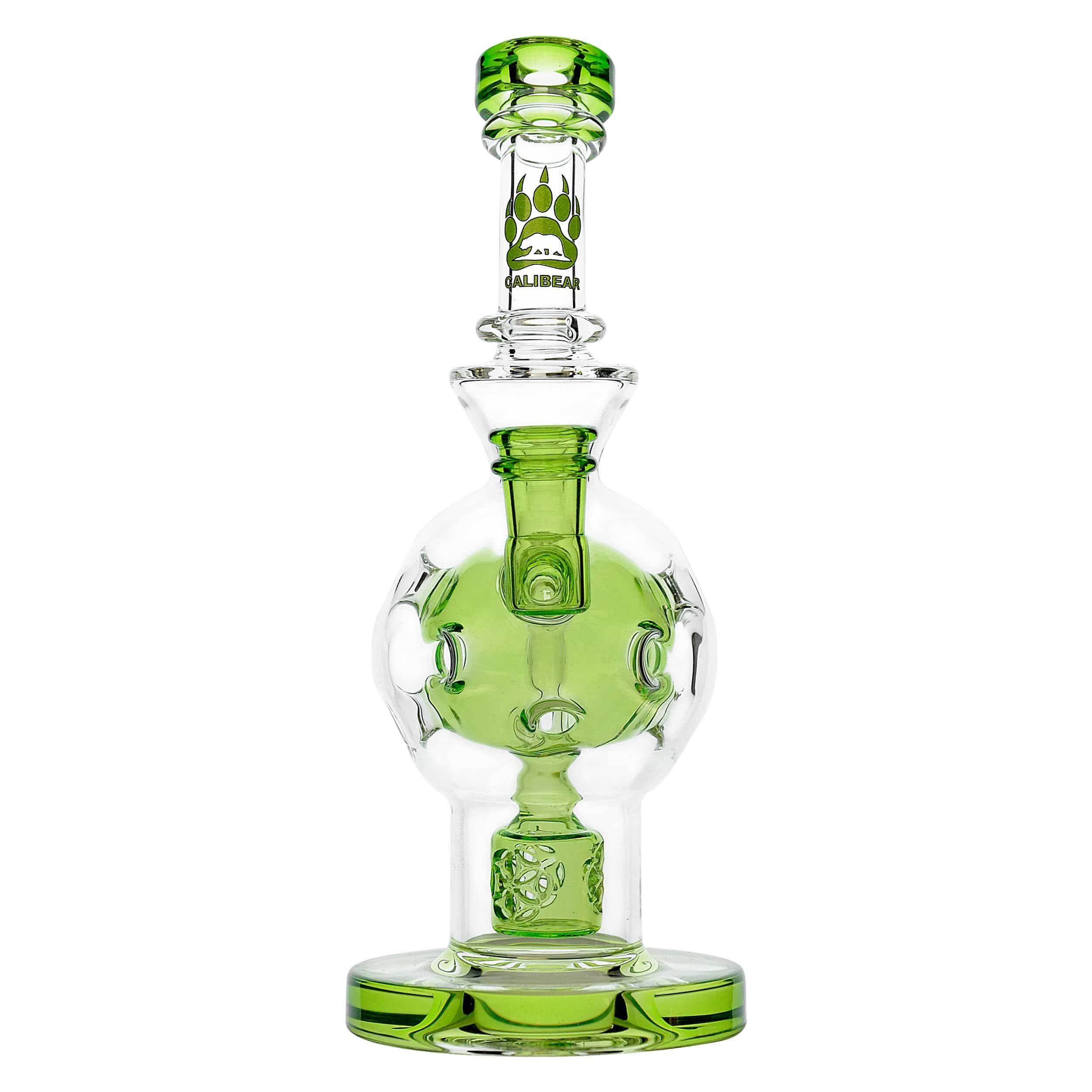 Front view of the EXOSPHERE, a green glass water pipe with a rounded base and detailed joint visible in the image.