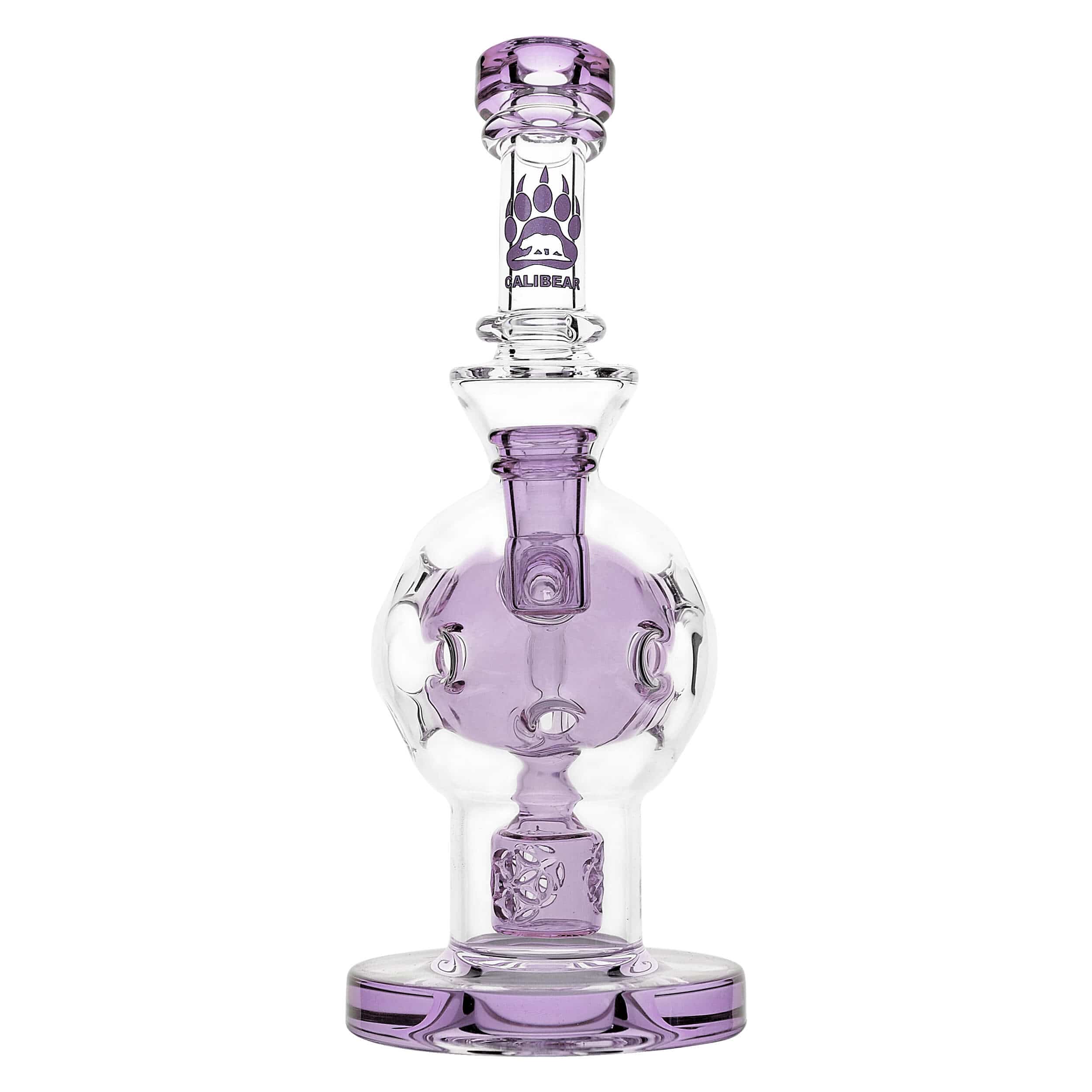 Front view of the EXOSPHERE, a purple glass water pipe with a bulbous base and intricate detailing.