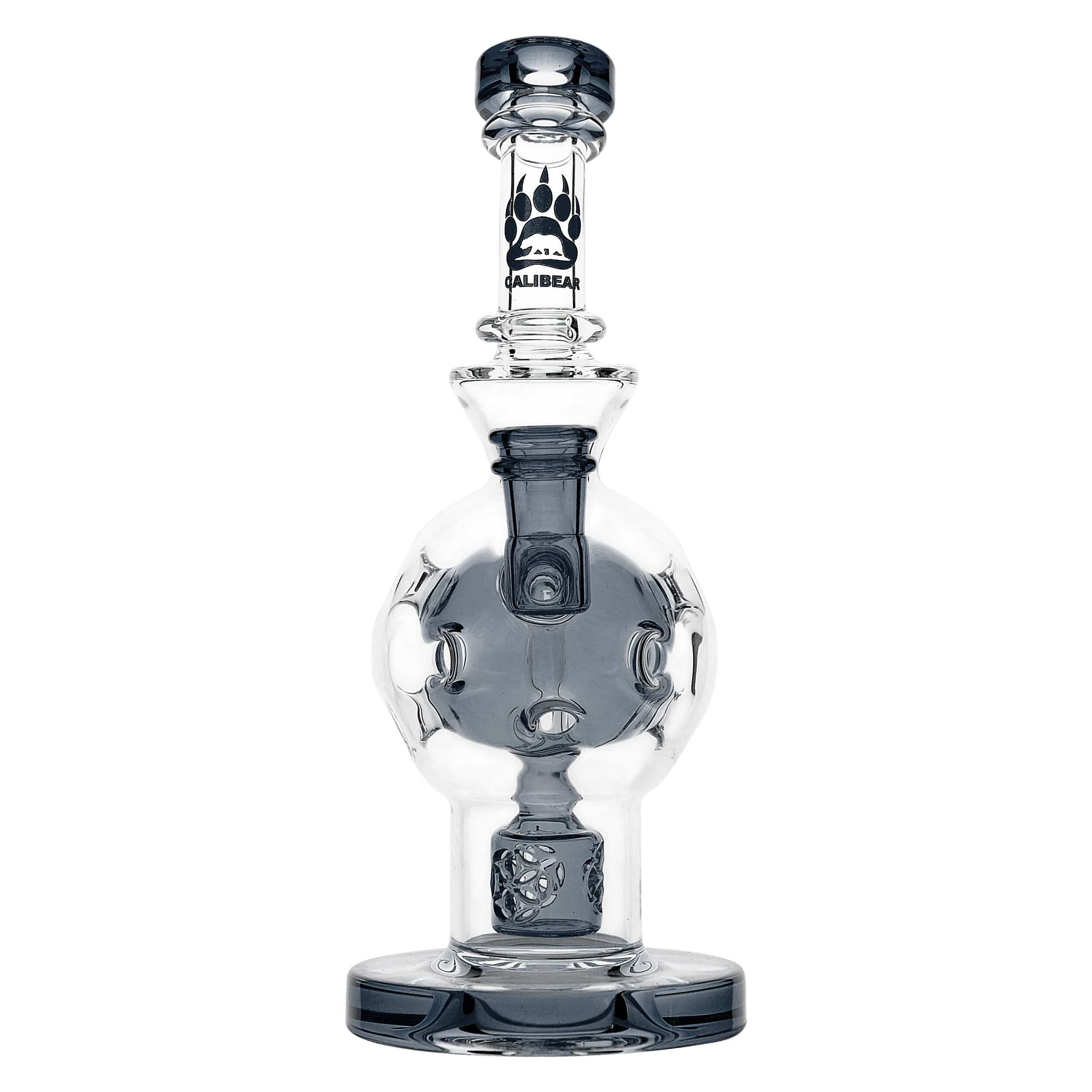 Front view of the EXOSPHERE, a dark glass water pipe with a rounded base and curved neck, set against a plain white background.