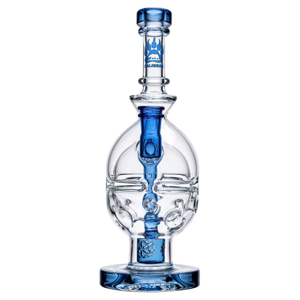 Front view of the FAB EGG Incycler Rig, a clear glass water pipe with an egg-shaped body and intricate internal filtration system.