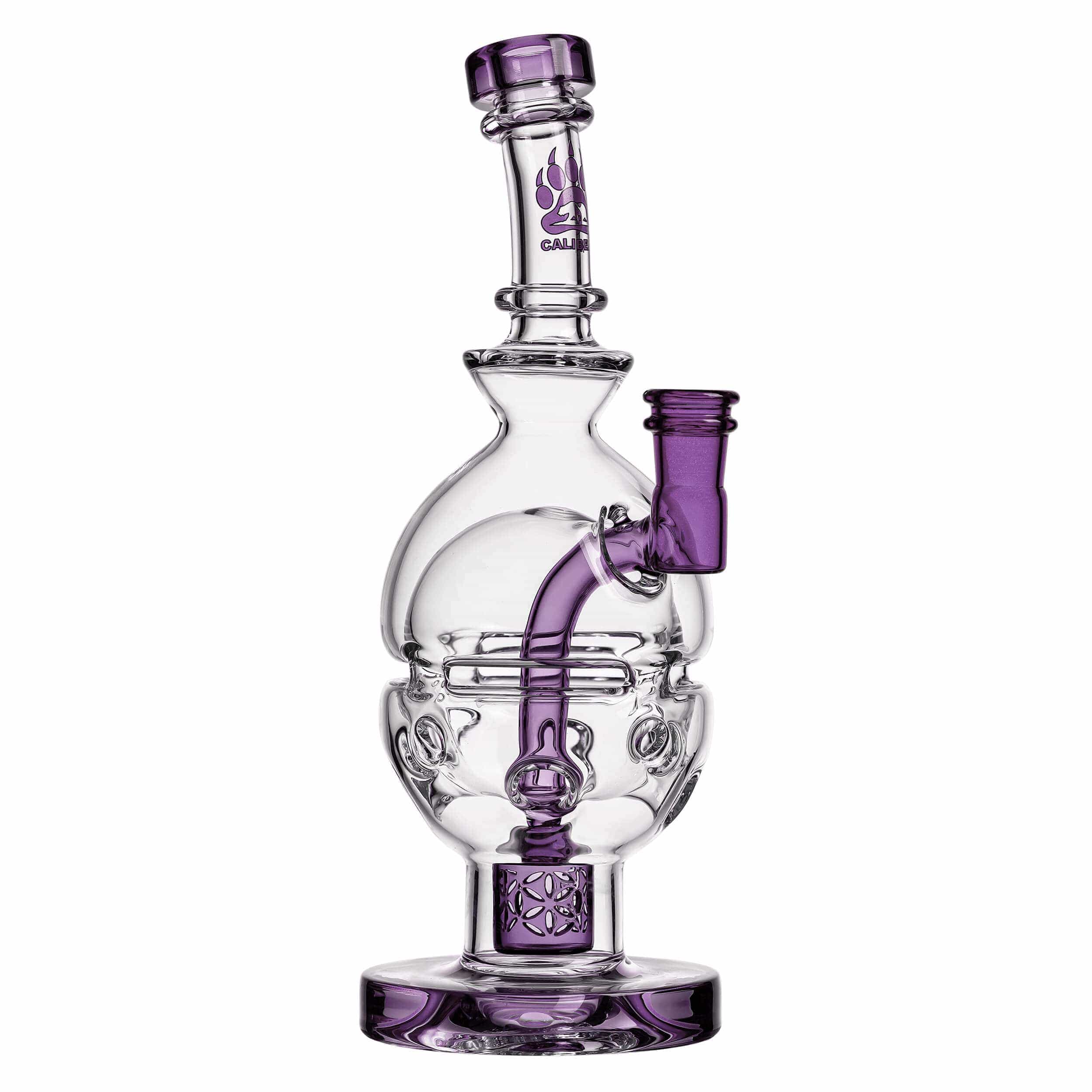 Front view of the FAB EGG Incycler Rig, a clear glass water pipe with a unique egg-shaped design and intricate internal filtration.