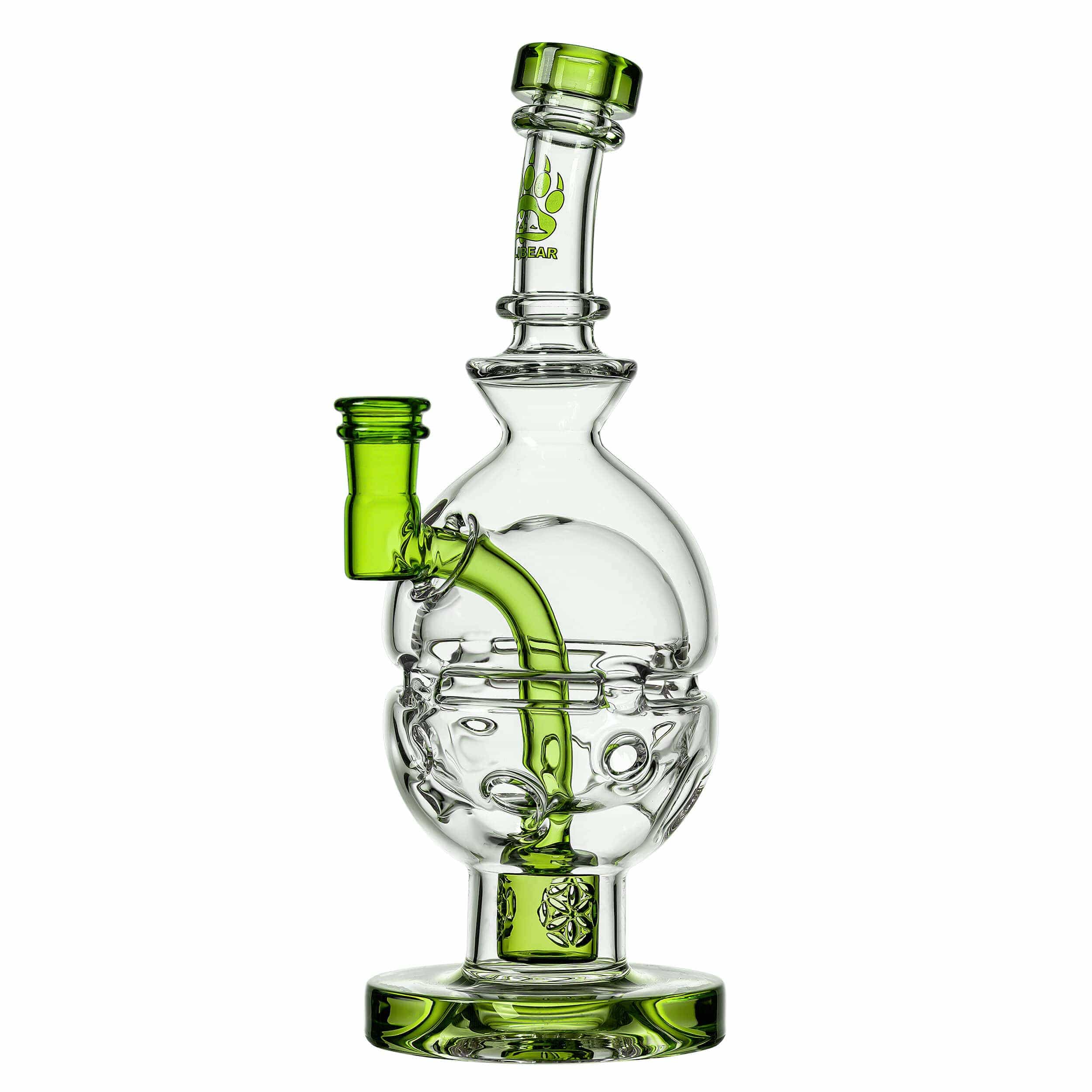 Front view of the FAB EGG Incycler Rig, a clear glass water pipe with an intricate percolator visible inside.