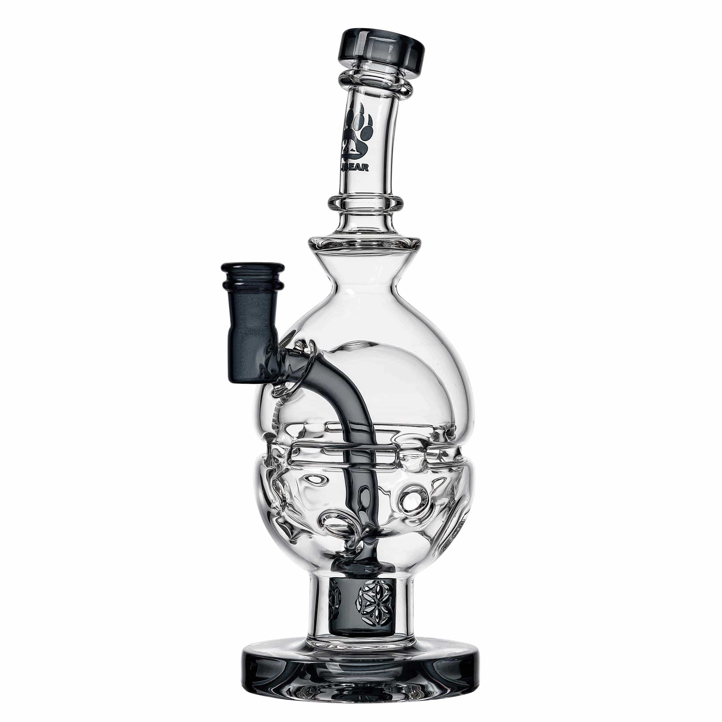 Front view of the FAB EGG Incycler Rig, a clear glass rig with a rounded base and intricate internal recycling system.