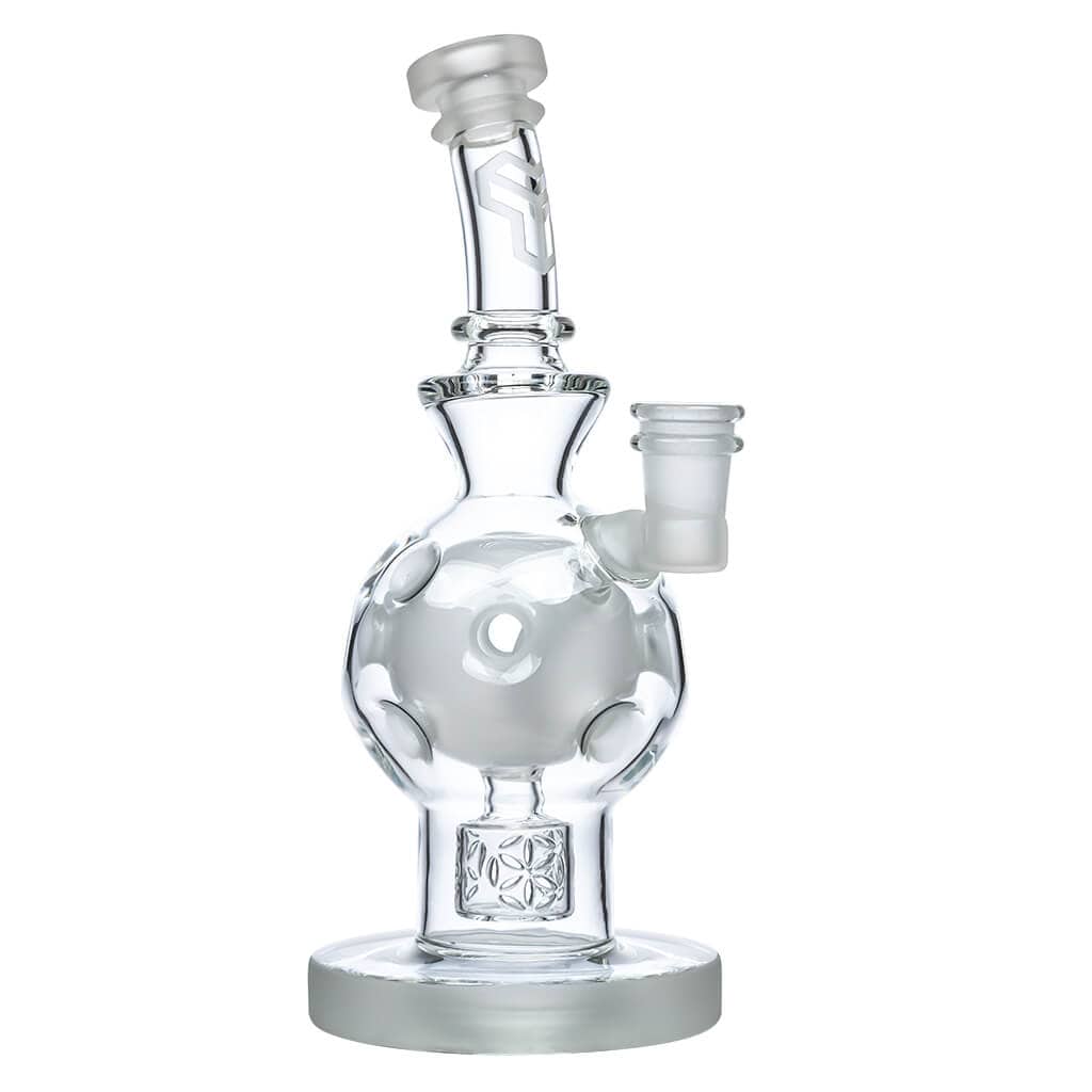 Front view of the EXOSPHERE, a clear glass water pipe with a rounded base and simple cylindrical neck.