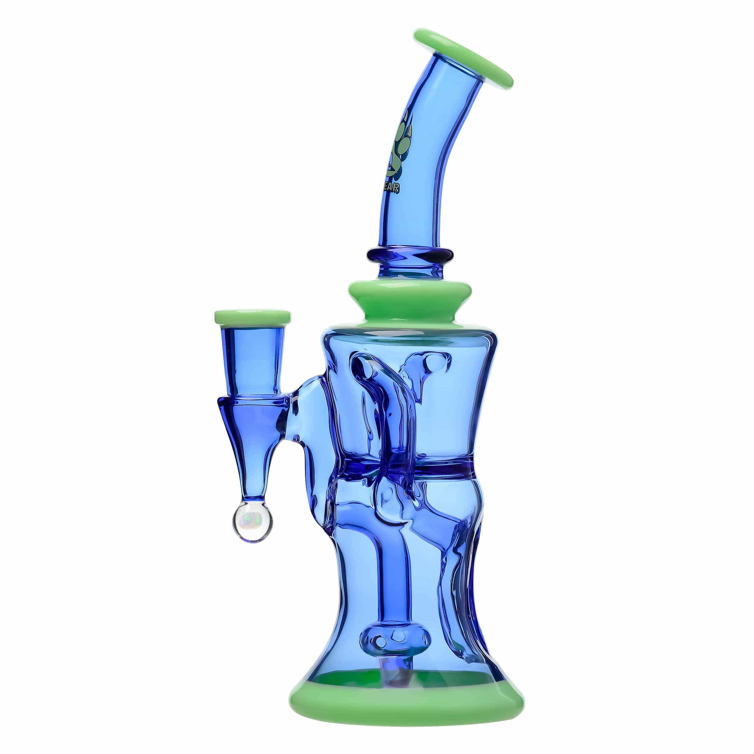 Front view of the COLORED OPAL SHOWERHEAD RECYCLER, a blue glass water pipe with a unique showerhead perc and opal accents.