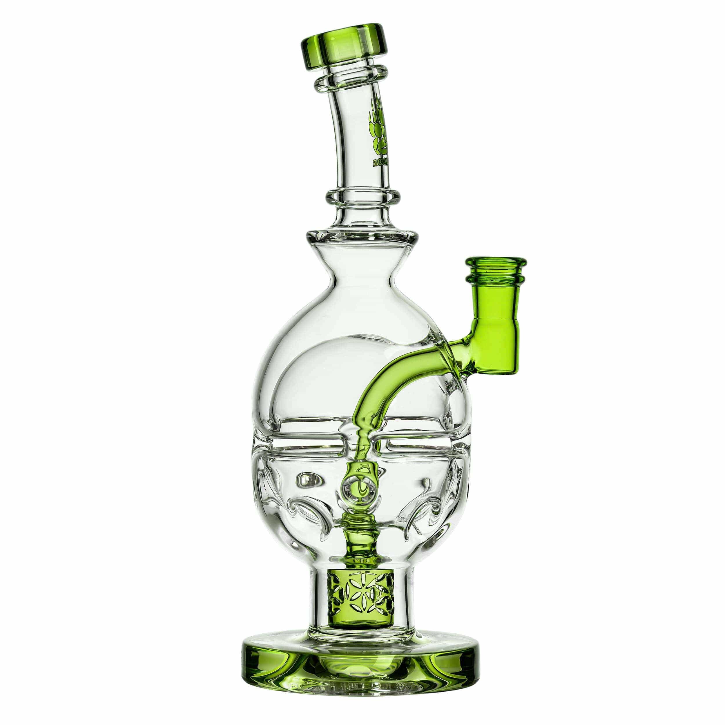 Front view of the FAB EGG Incycler Rig, a clear glass water pipe with a unique, rounded design and visible bubbler.