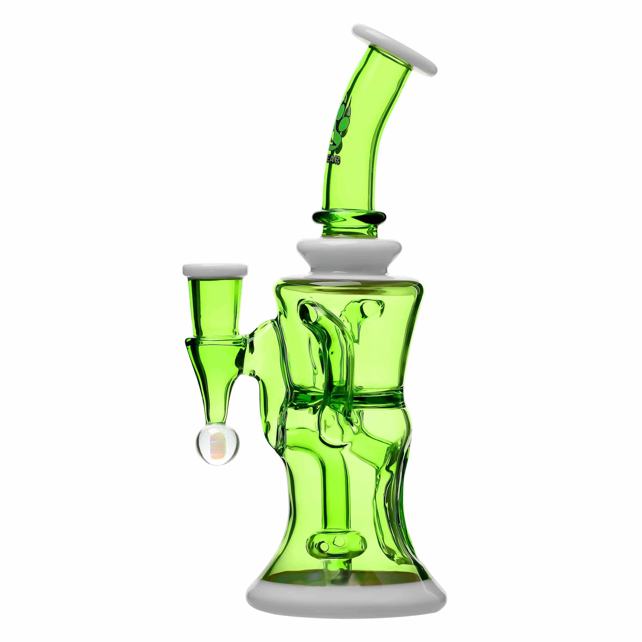 Front view of the COLORED OPAL SHOWERHEAD RECYCLER, a green glass water pipe with a unique, multi-tiered design.