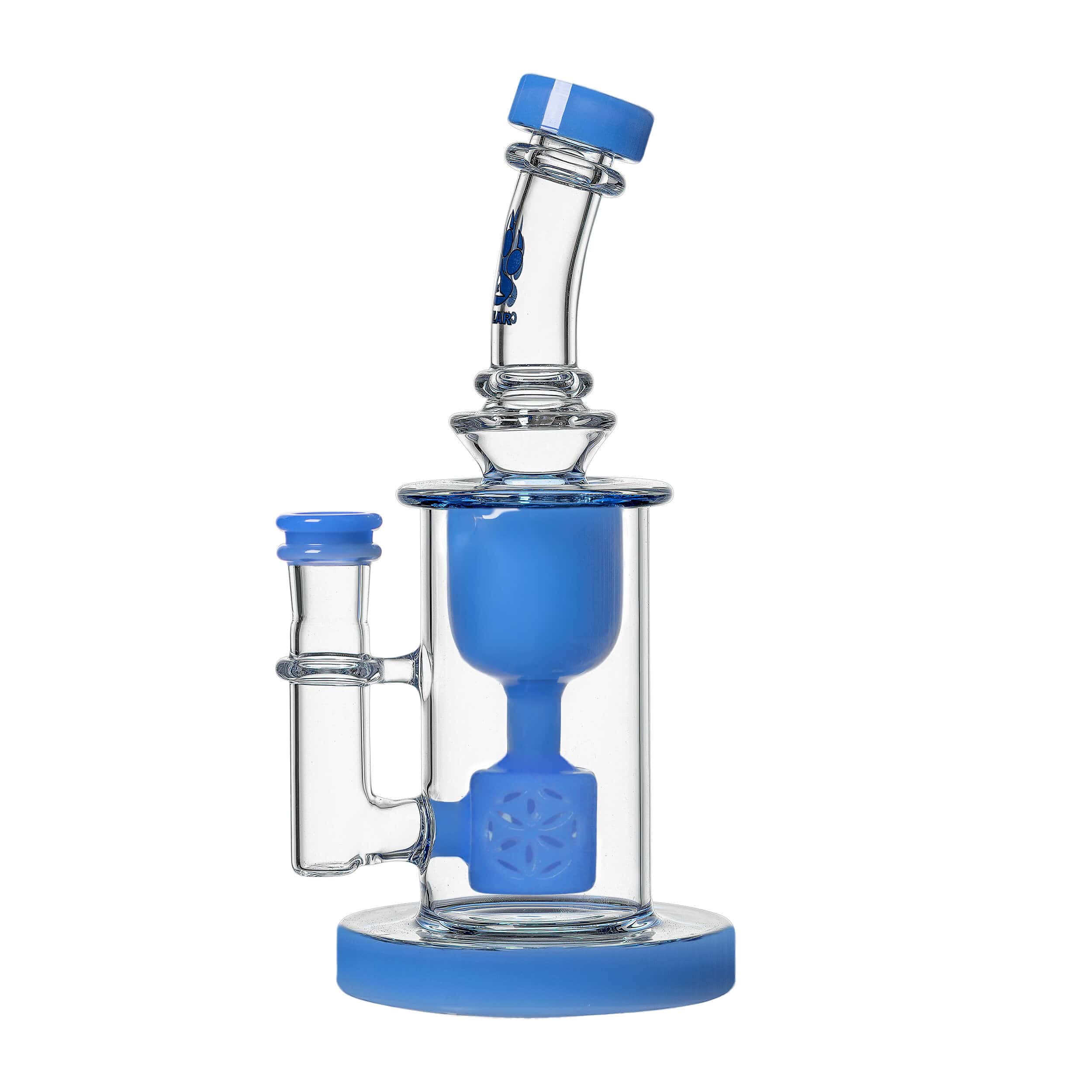 Front view of the COLORED TORUS, a clear glass piece with a blue torus-shaped chamber and simple stem design.