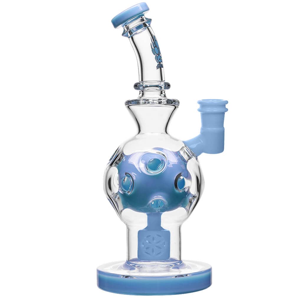 Front view of the EXOSPHERE, a blue glass water pipe with a bulbous body and a clear, angled neck.