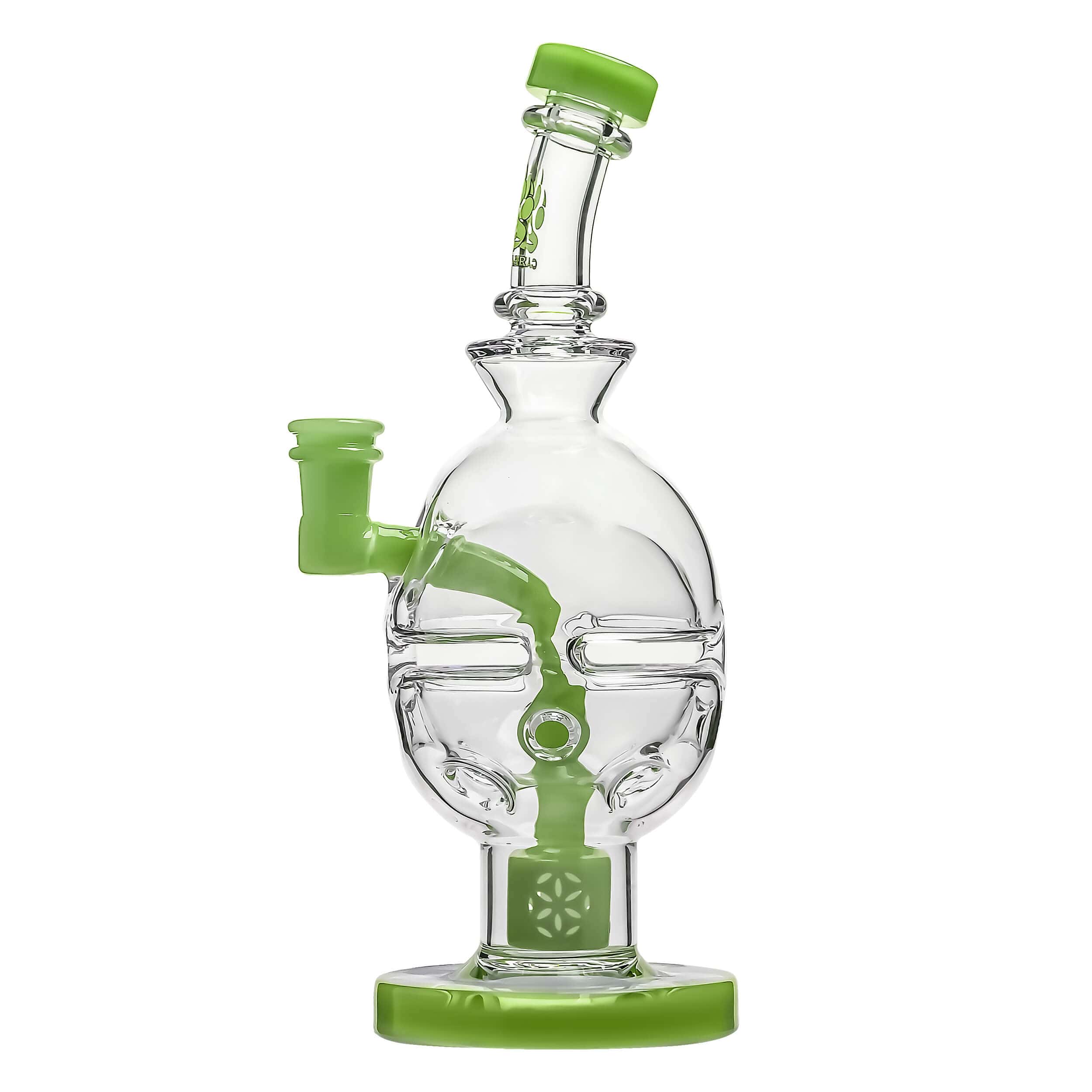 Front view of the FAB EGG Incycler Rig, a clear glass water pipe with a rounded base and intricate internal filtration system.