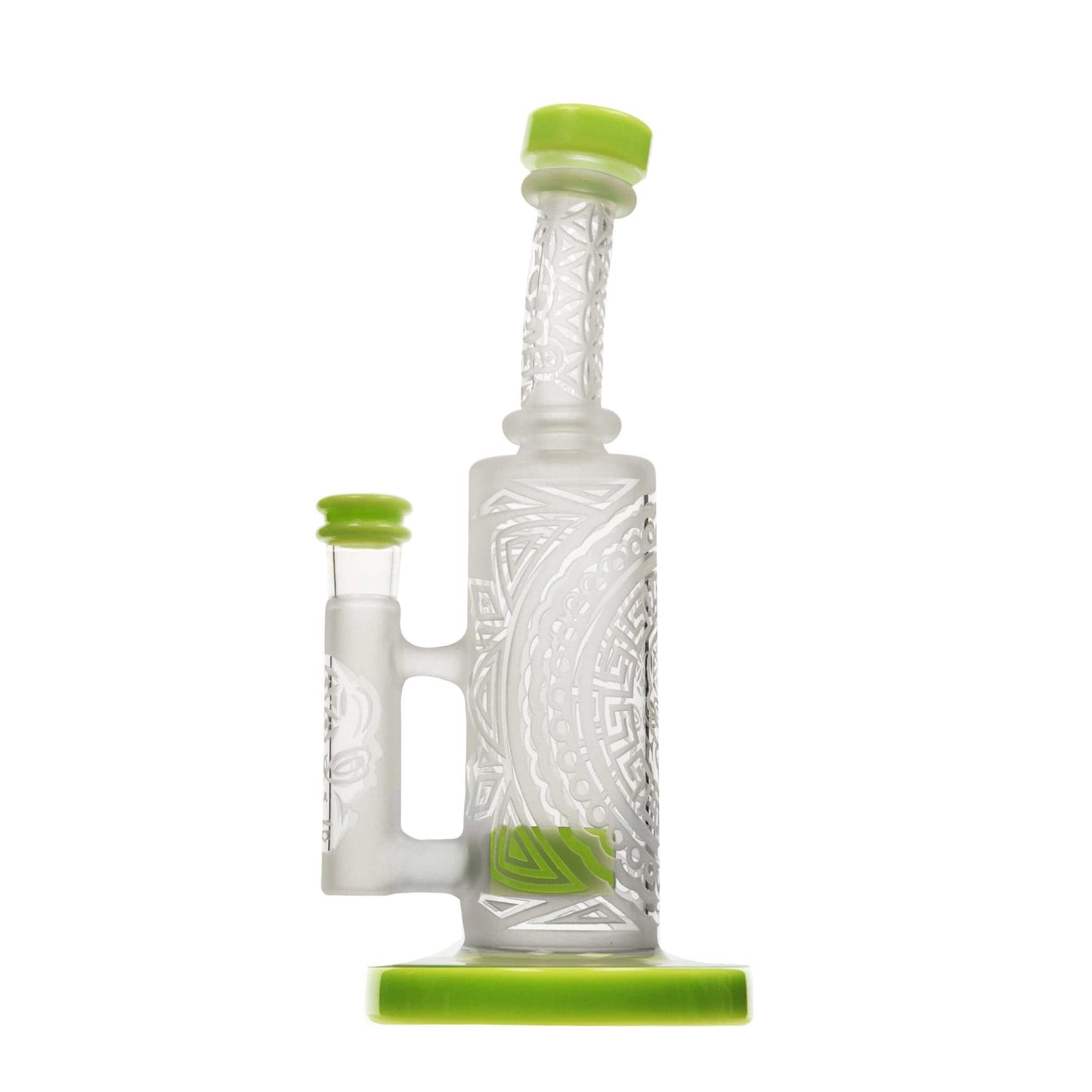 Front view of the SANDBLASTED MINI STRAIGHT CAN, featuring sandblasted details on clear glass and a green mouthpiece.