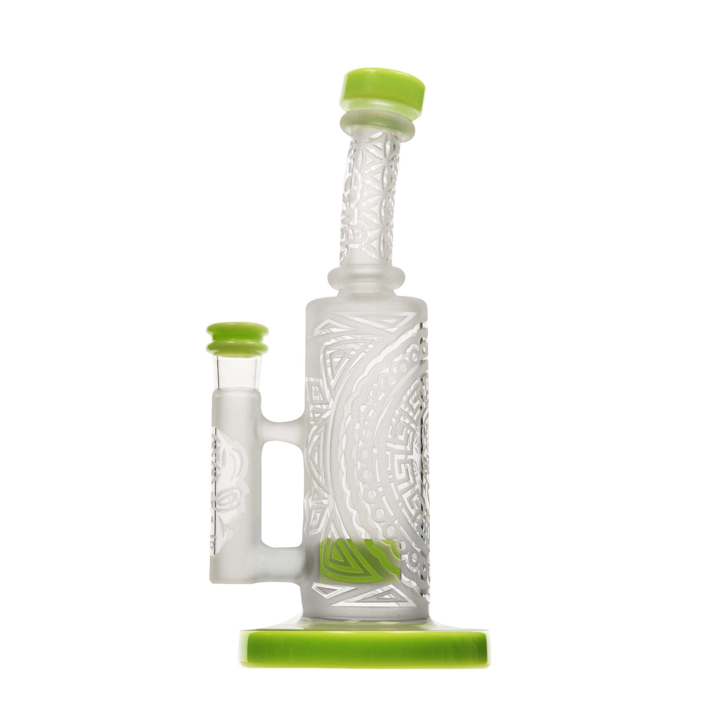 Front view of the SANDBLASTED MINI STRAIGHT CAN, featuring sandblasted details on clear glass and a green mouthpiece.