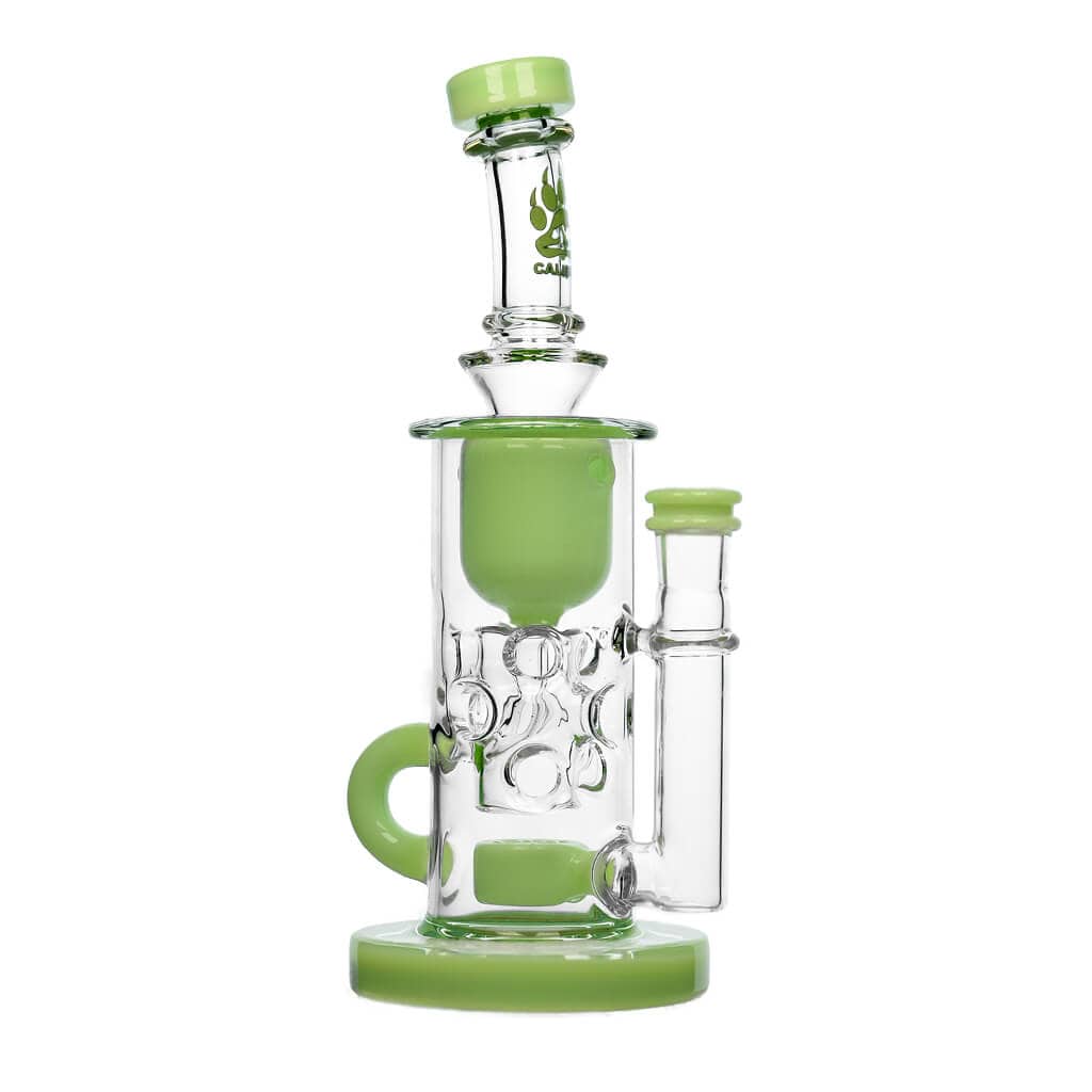 Front view of the STRAIGHT FAB KLEIN, a clear glass piece with a unique rounded base and visible water line.