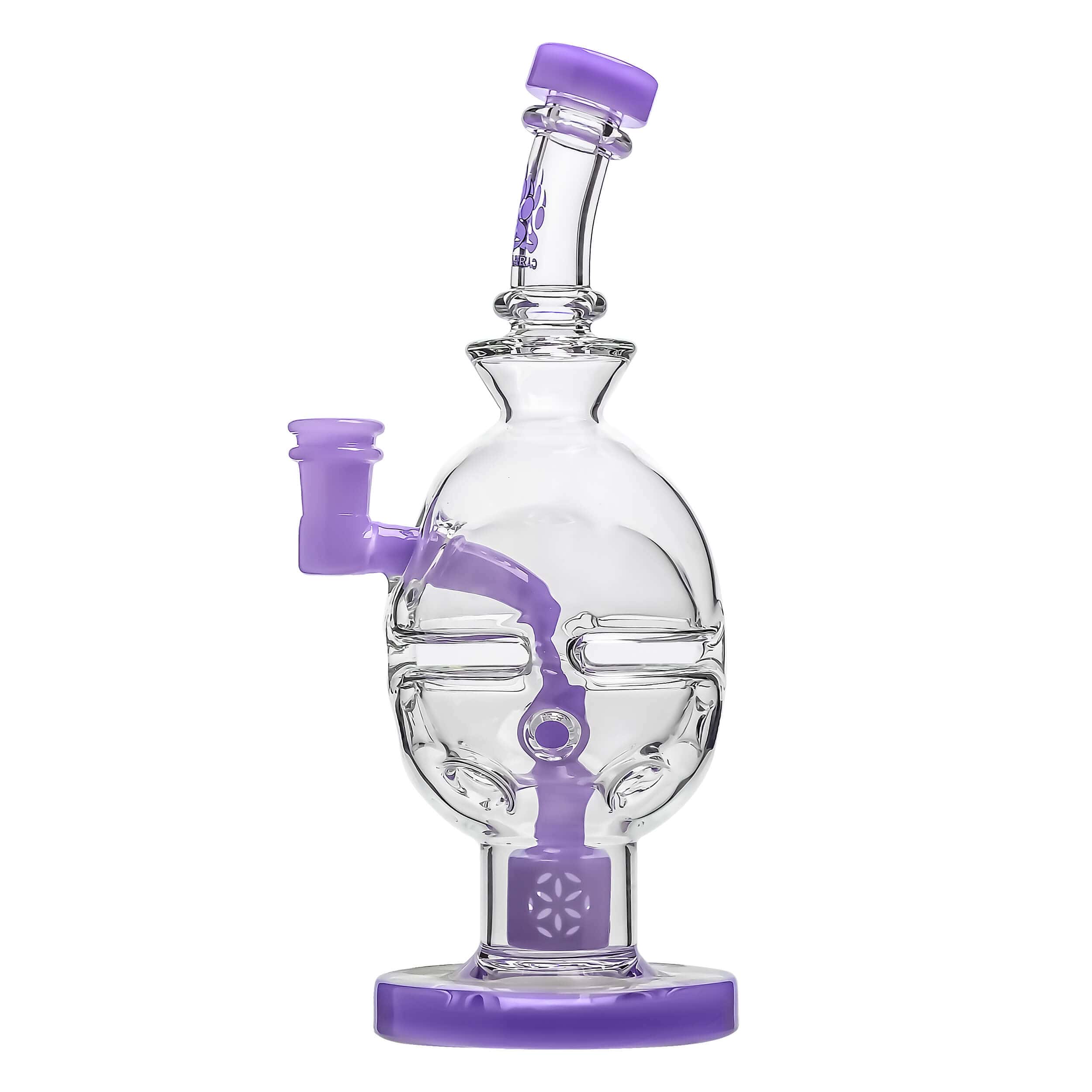 Front view of the FAB EGG Incycler Rig, a clear glass water pipe with a rounded base and purple accents.