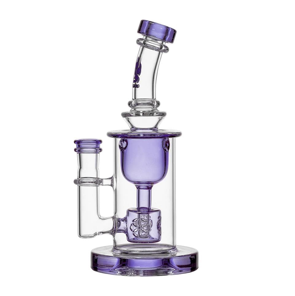 Front view of the COLORED TORUS, a glass piece with a rounded, torus-shaped chamber and clear, cylindrical neck.