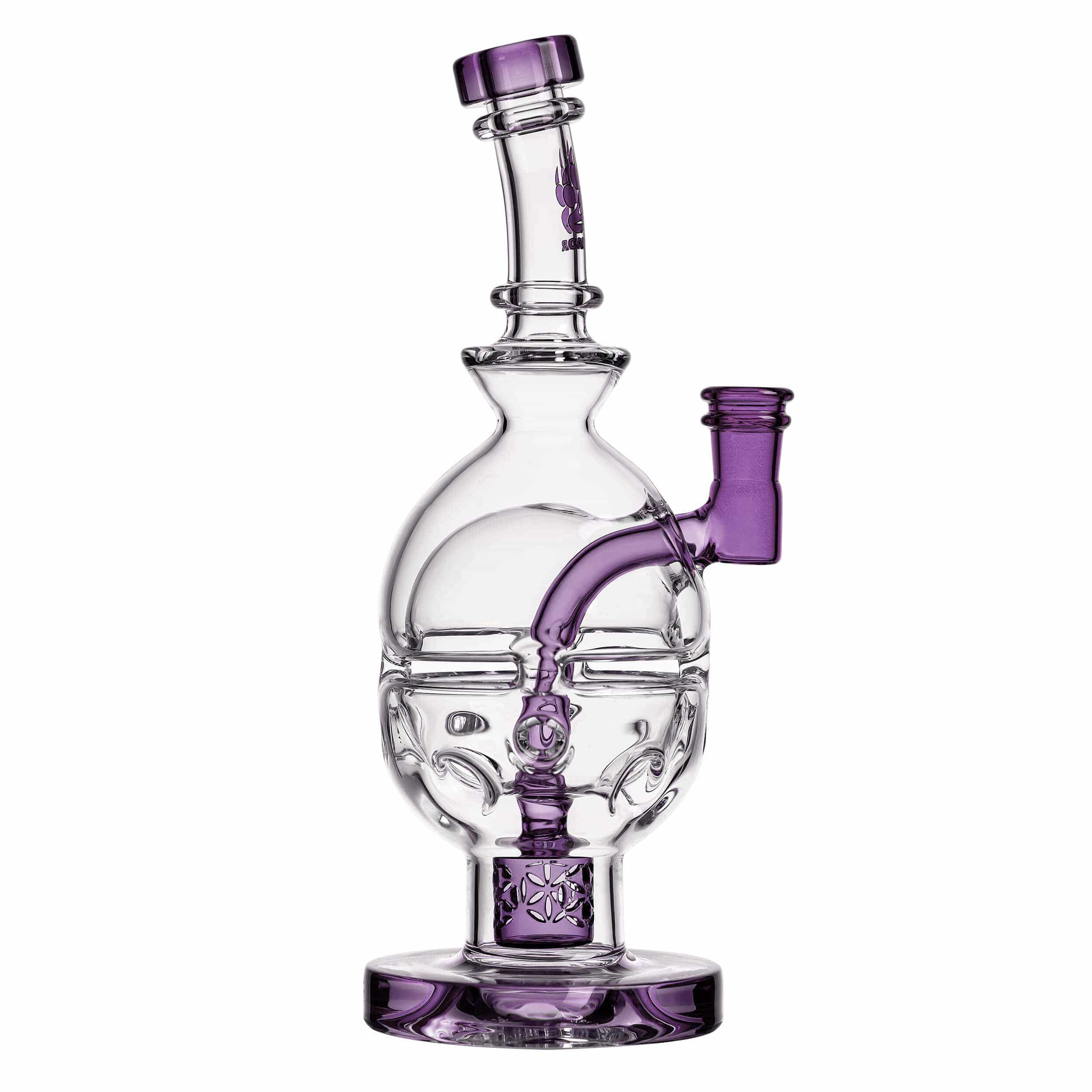 Front view of the FAB EGG Incycler Rig, a clear glass rig with intricate curves and a cylindrical base.