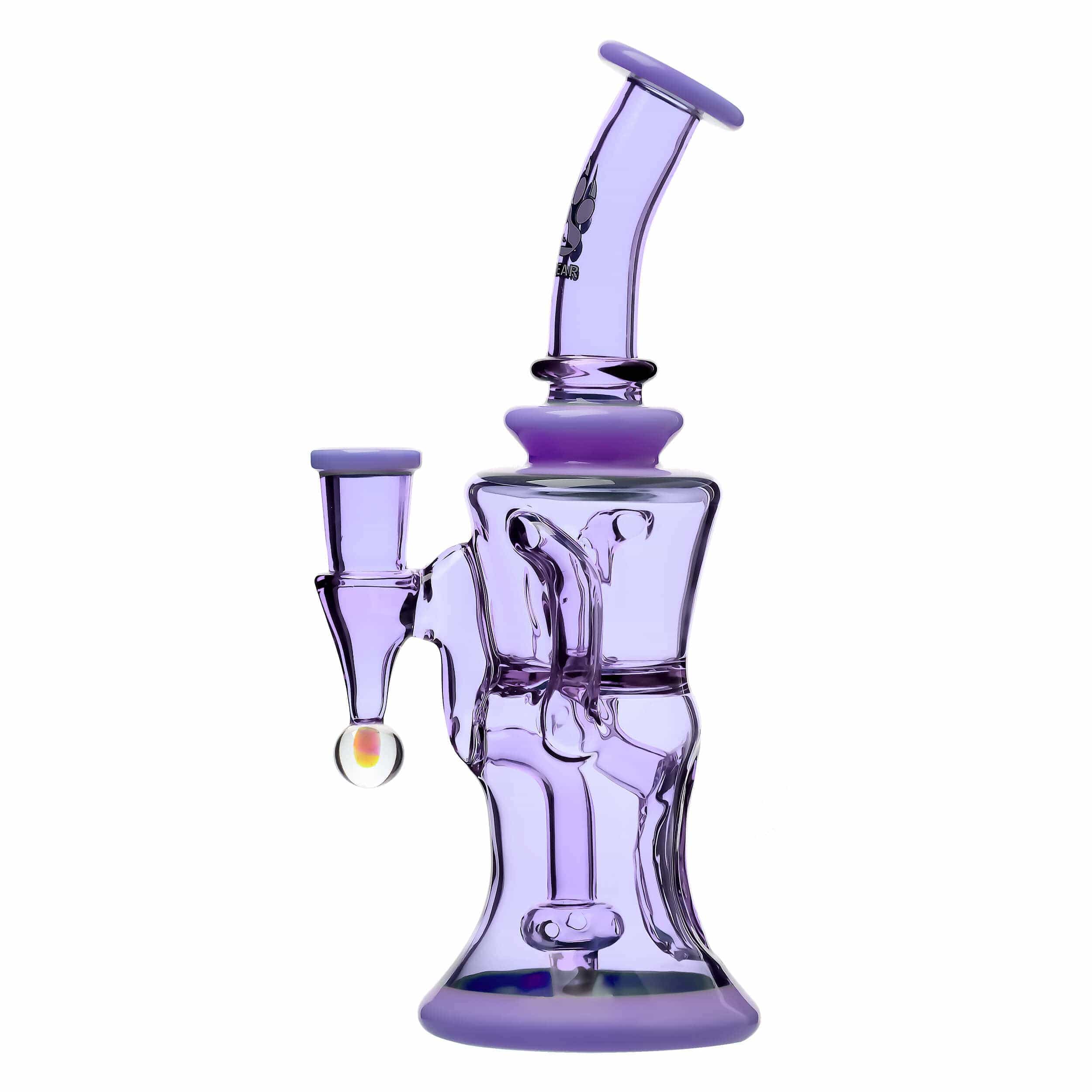 Front view of the COLORED OPAL SHOWERHEAD RECYCLER, a purple glass bubbler with a complex, multi-chambered design.