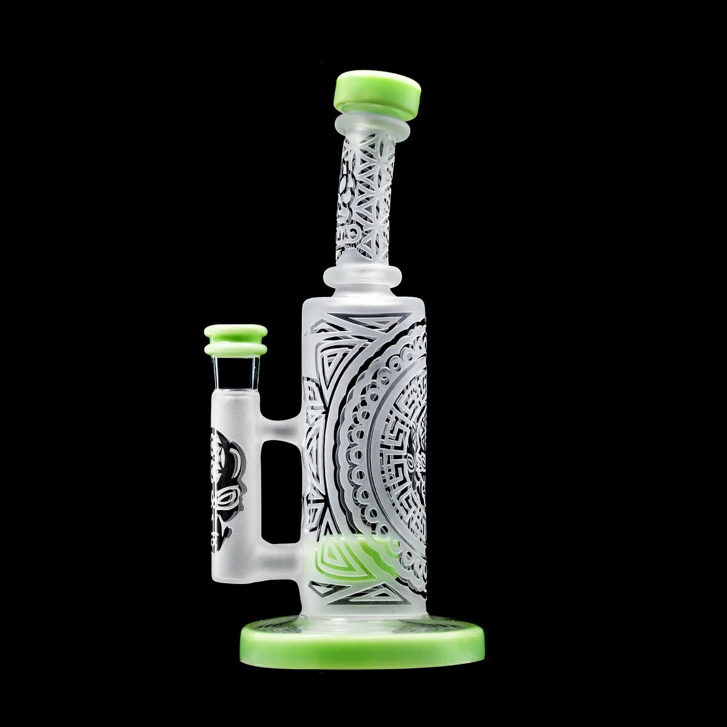 Front view of the SANDBLASTED MINI STRAIGHT CAN, a clear glass piece with a sandblasted design on a black background.
