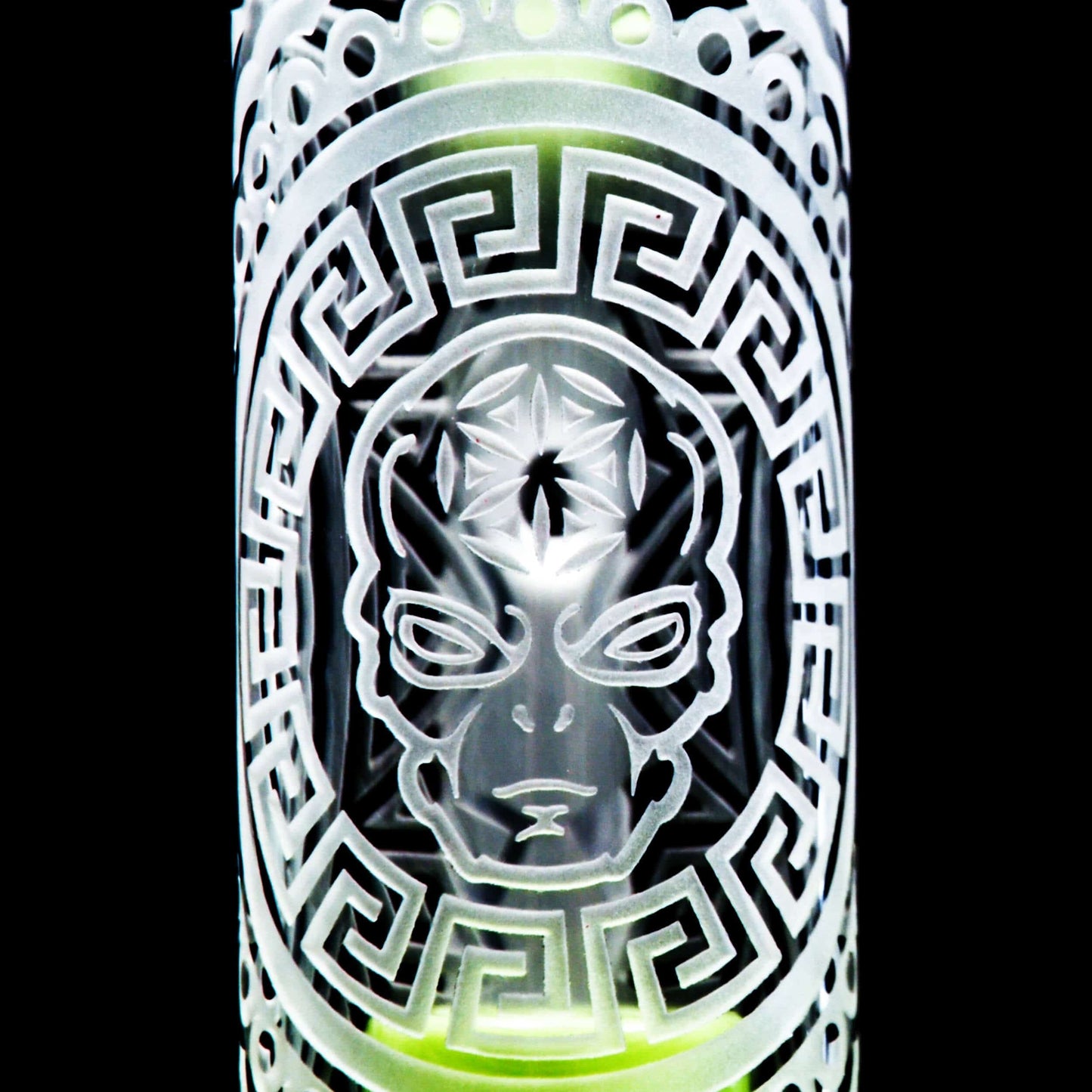 Front view of the SANDBLASTED MINI STRAIGHT CAN, featuring intricate sandblasted patterns on a clear glass cylinder.