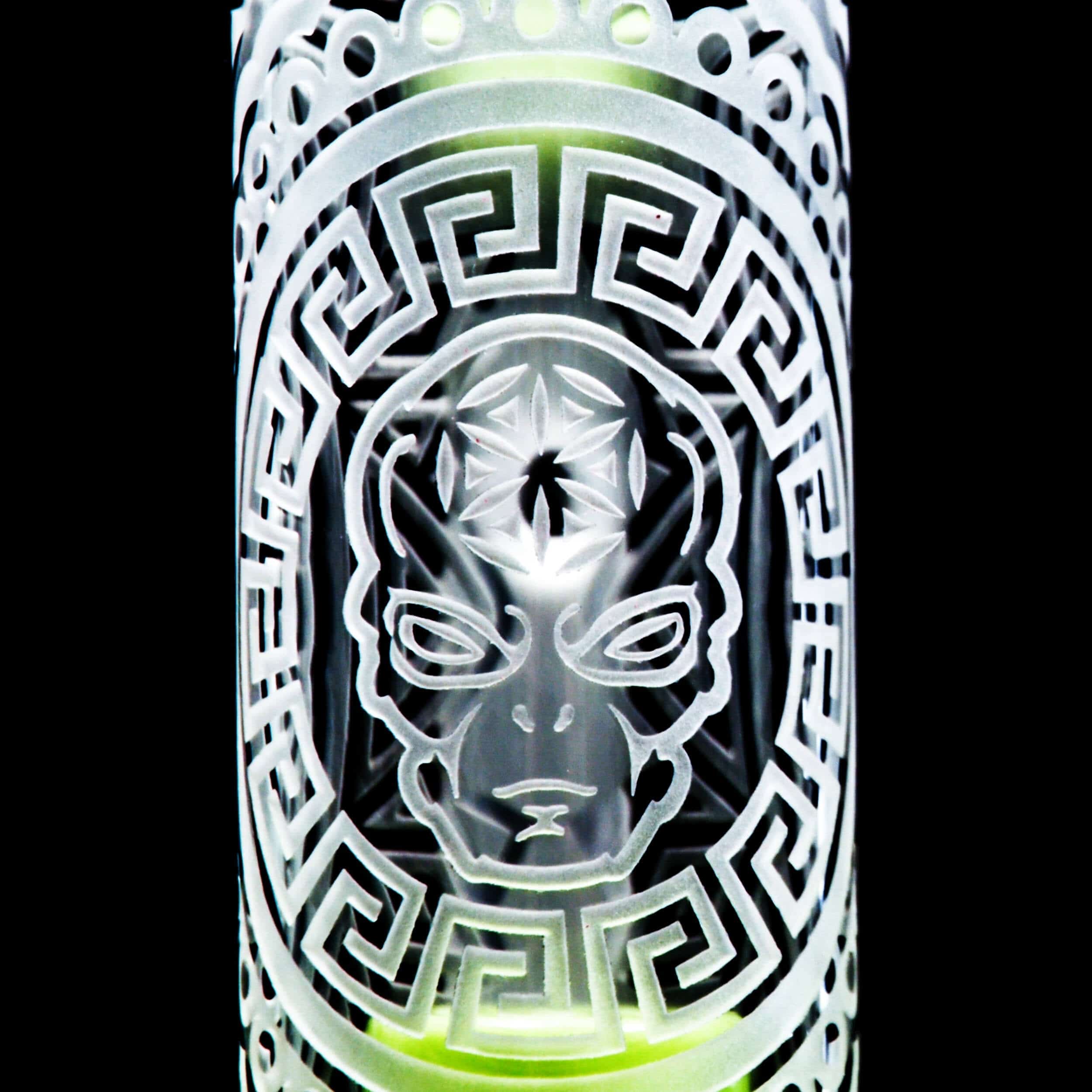 Front view of the SANDBLASTED MINI STRAIGHT CAN, featuring intricate sandblasted patterns on a clear glass cylinder.