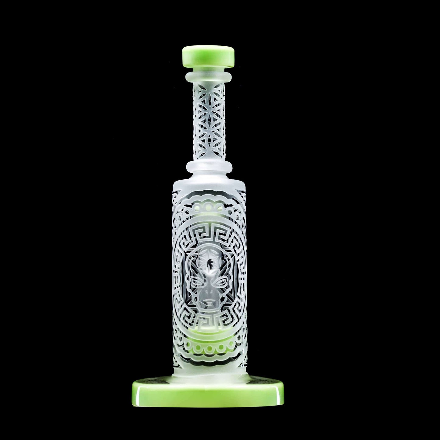 Front view of the SANDBLASTED MINI STRAIGHT CAN, a translucent glass piece with etched detailing, set against a dark backdrop.