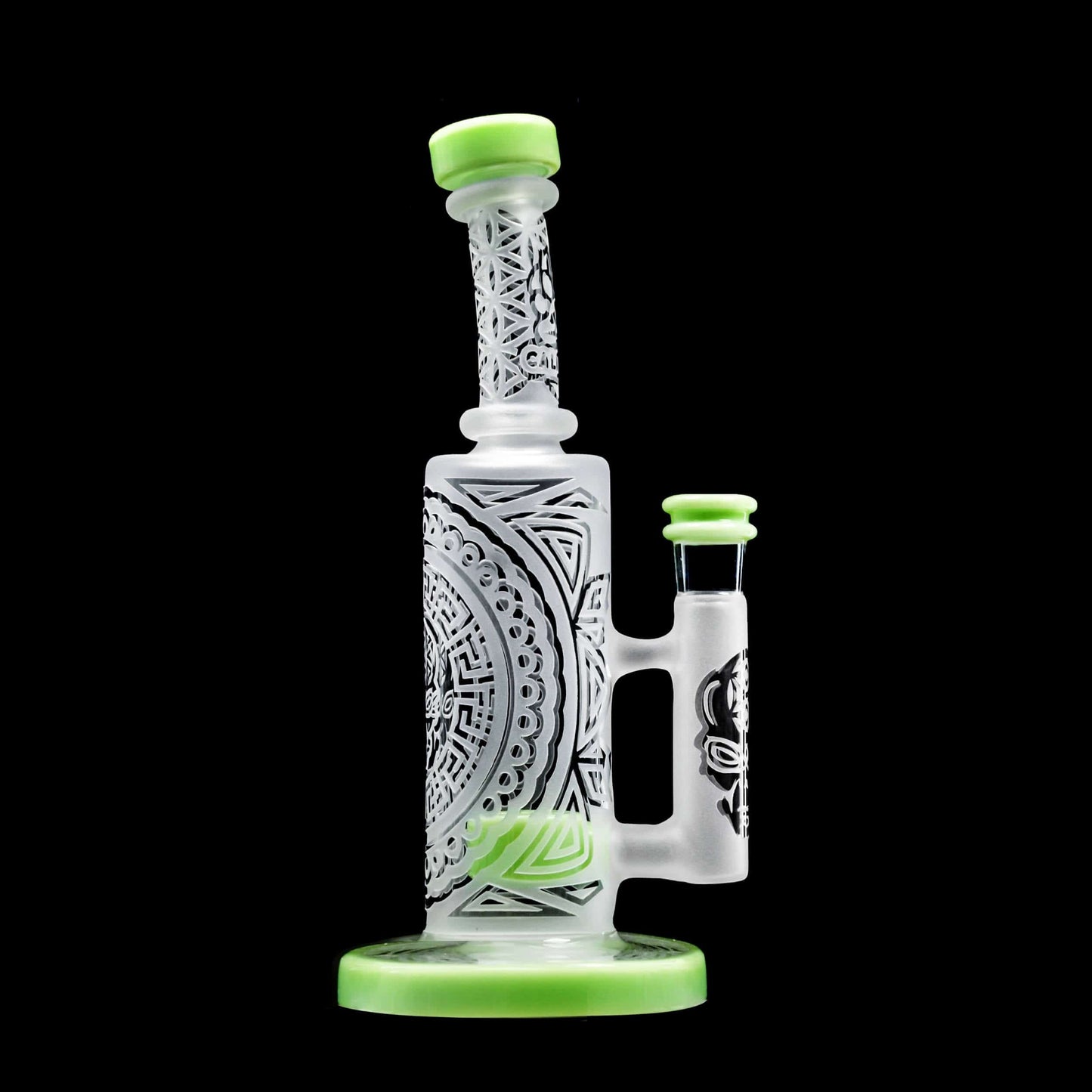 Front view of the SANDBLASTED MINI STRAIGHT CAN, showcasing a frosted glass tube with detailed sandblasted patterns on a black background.