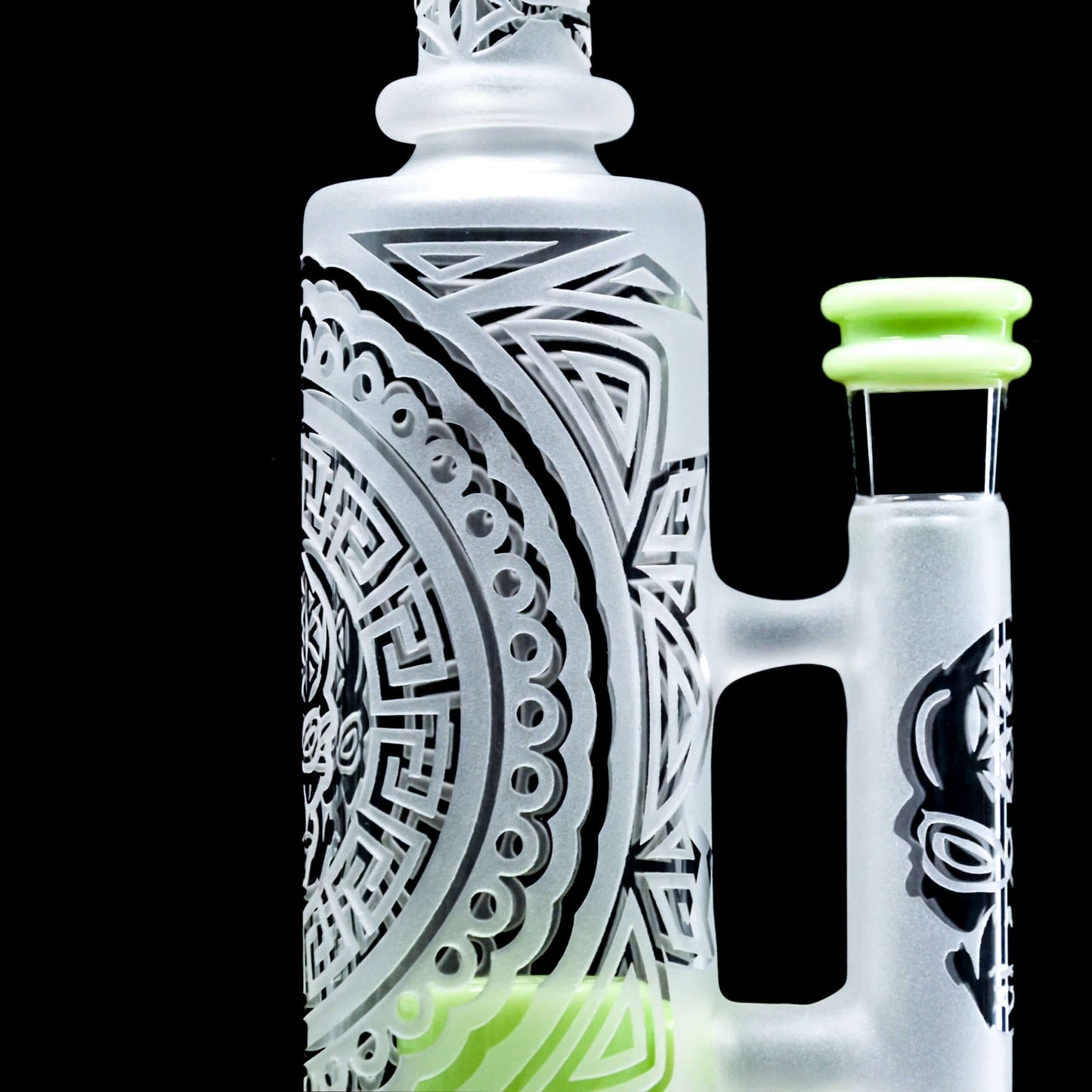 Front view of the SANDBLASTED MINI STRAIGHT CAN, showing detailed sandblasted artwork on clear glass.