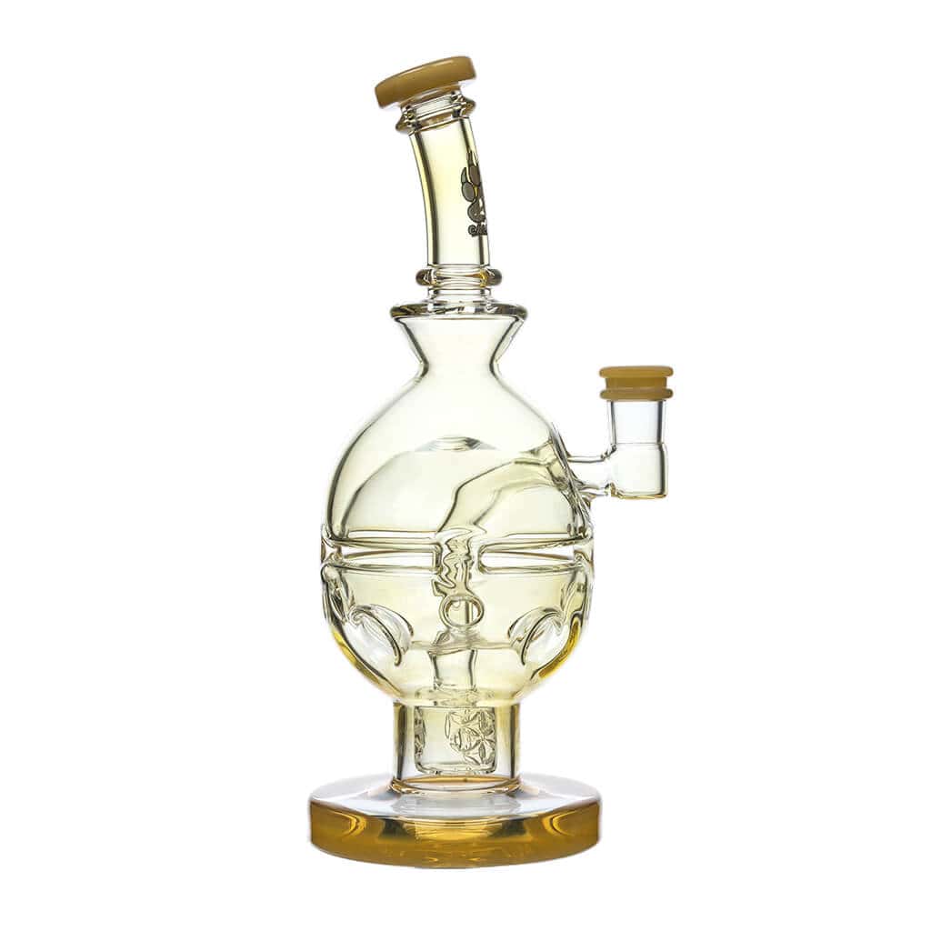 Front view of the FAB EGG Incycler Rig, a clear glass piece with a rounded base and unique internal filtration system.