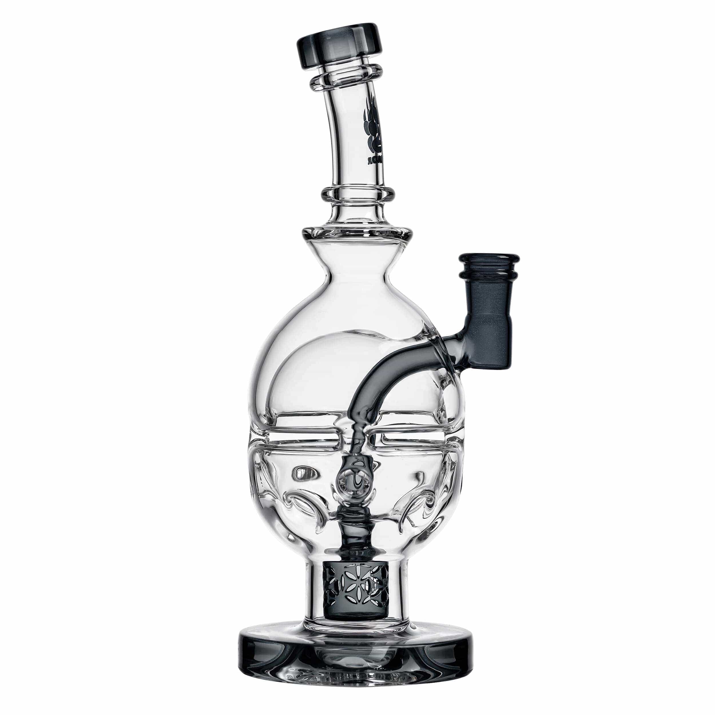 Front view of the FAB EGG Incycler Rig, a clear glass rig with a rounded shape and intricate internal filtration system.