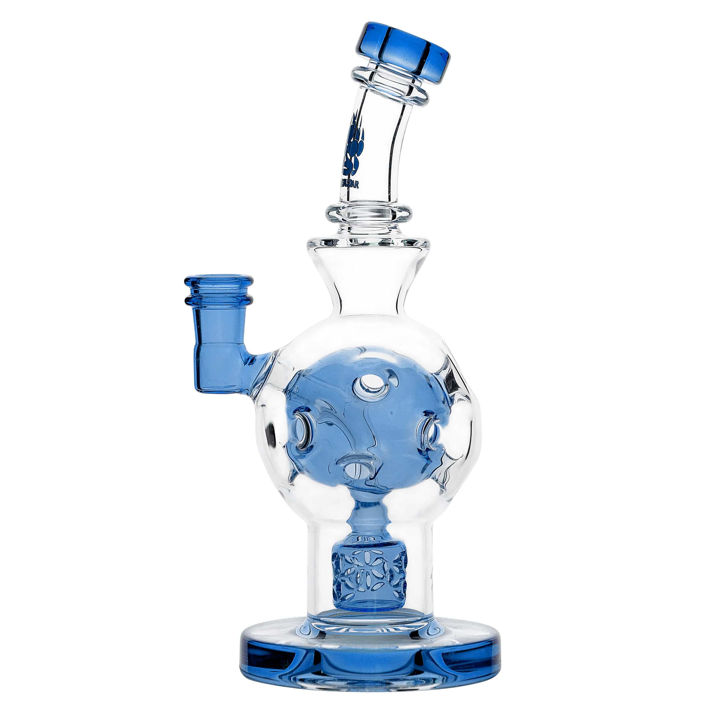 Front view of the EXOSPHERE, a blue glass water pipe with a rounded base and simple, curved neck.
